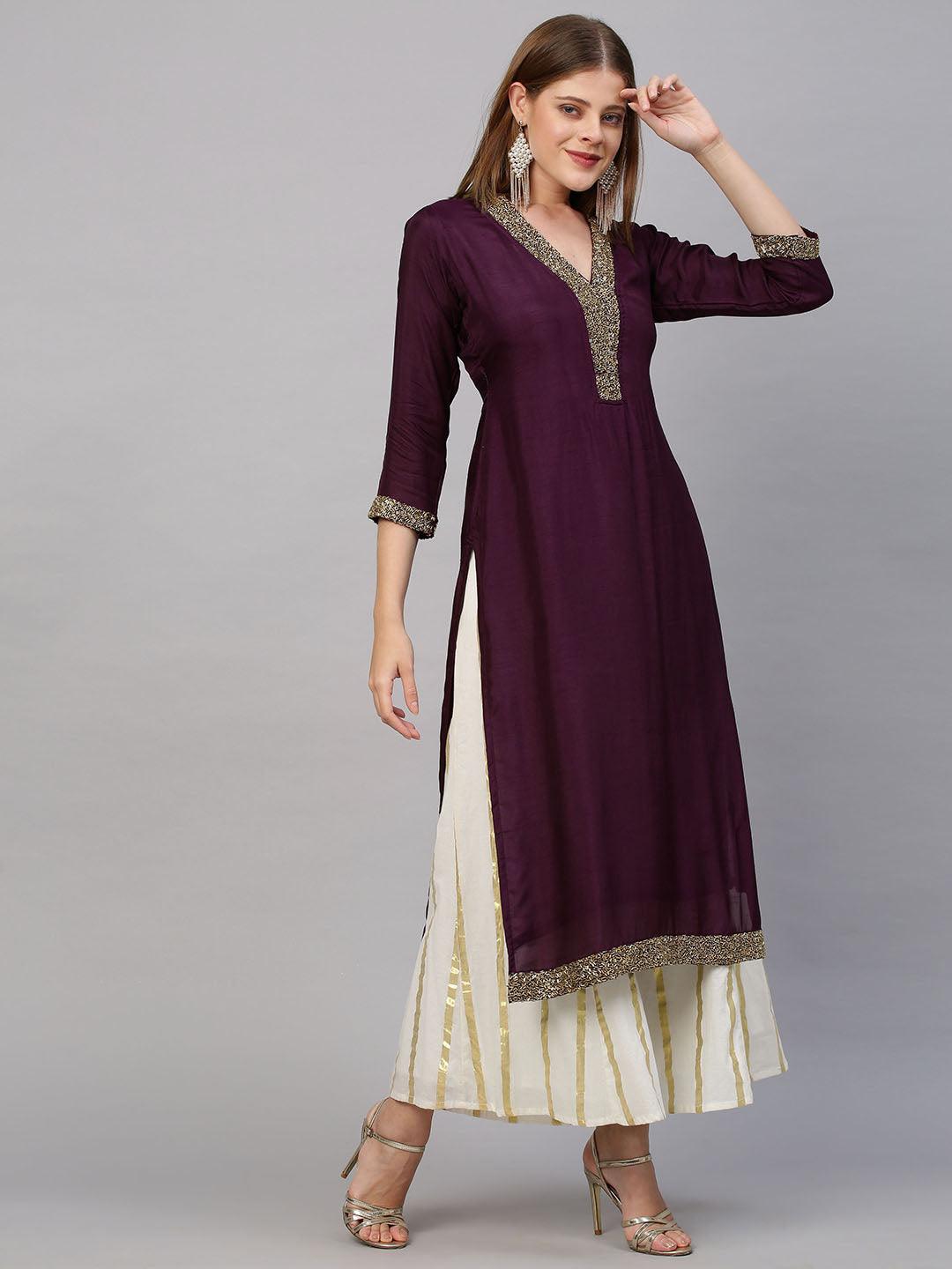 Divine Hand Embellished Straight Kurta - Wine - Indiakreations