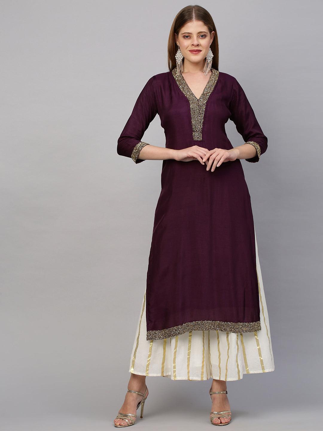 Divine Hand Embellished Straight Kurta - Wine - Indiakreations