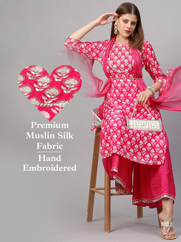 Floral & Embroidered Kurta with Sharara with Dupatta - Hot Pink - Indiakreations