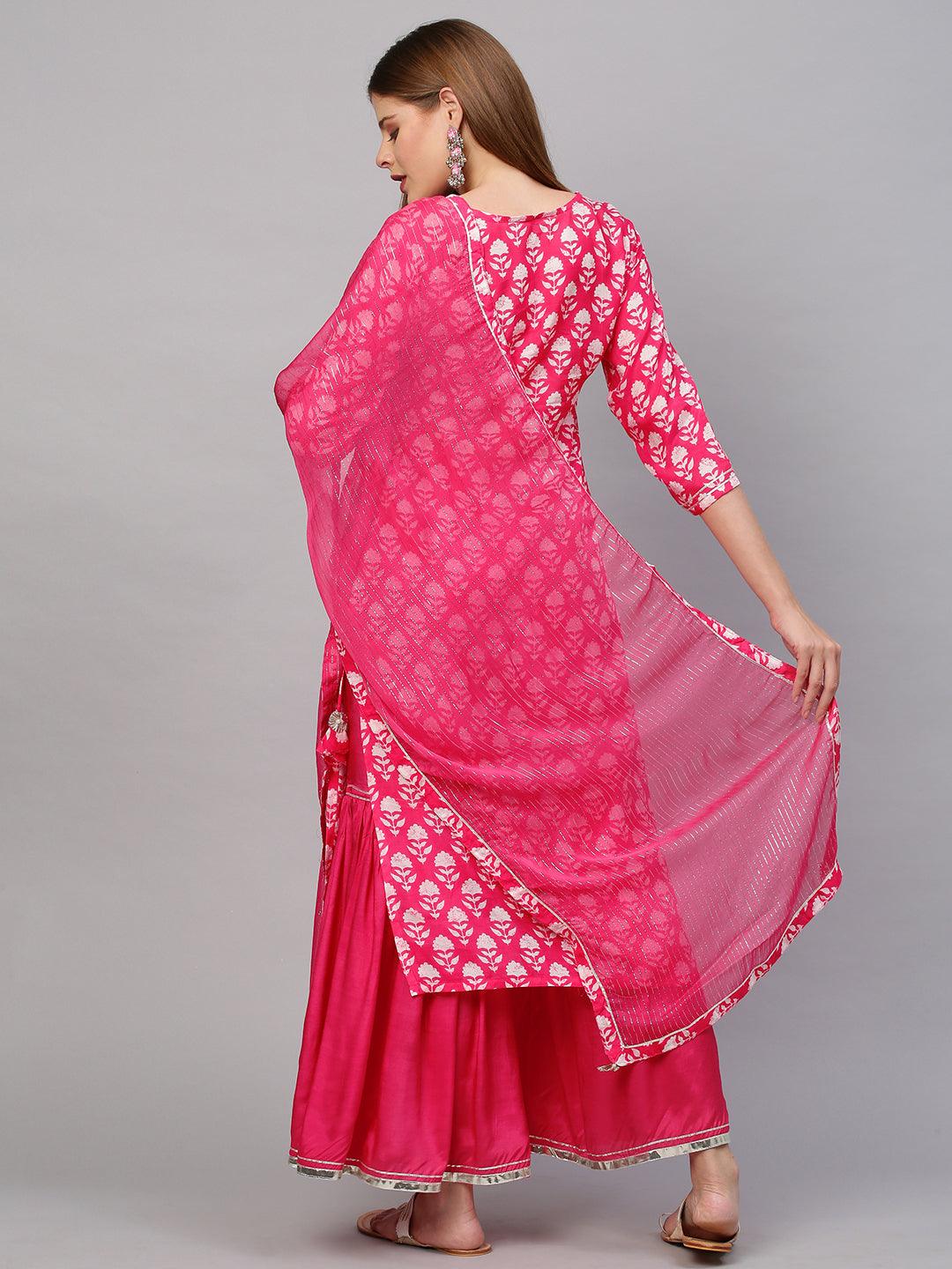 Floral & Embroidered Kurta with Sharara with Dupatta - Hot Pink - Indiakreations