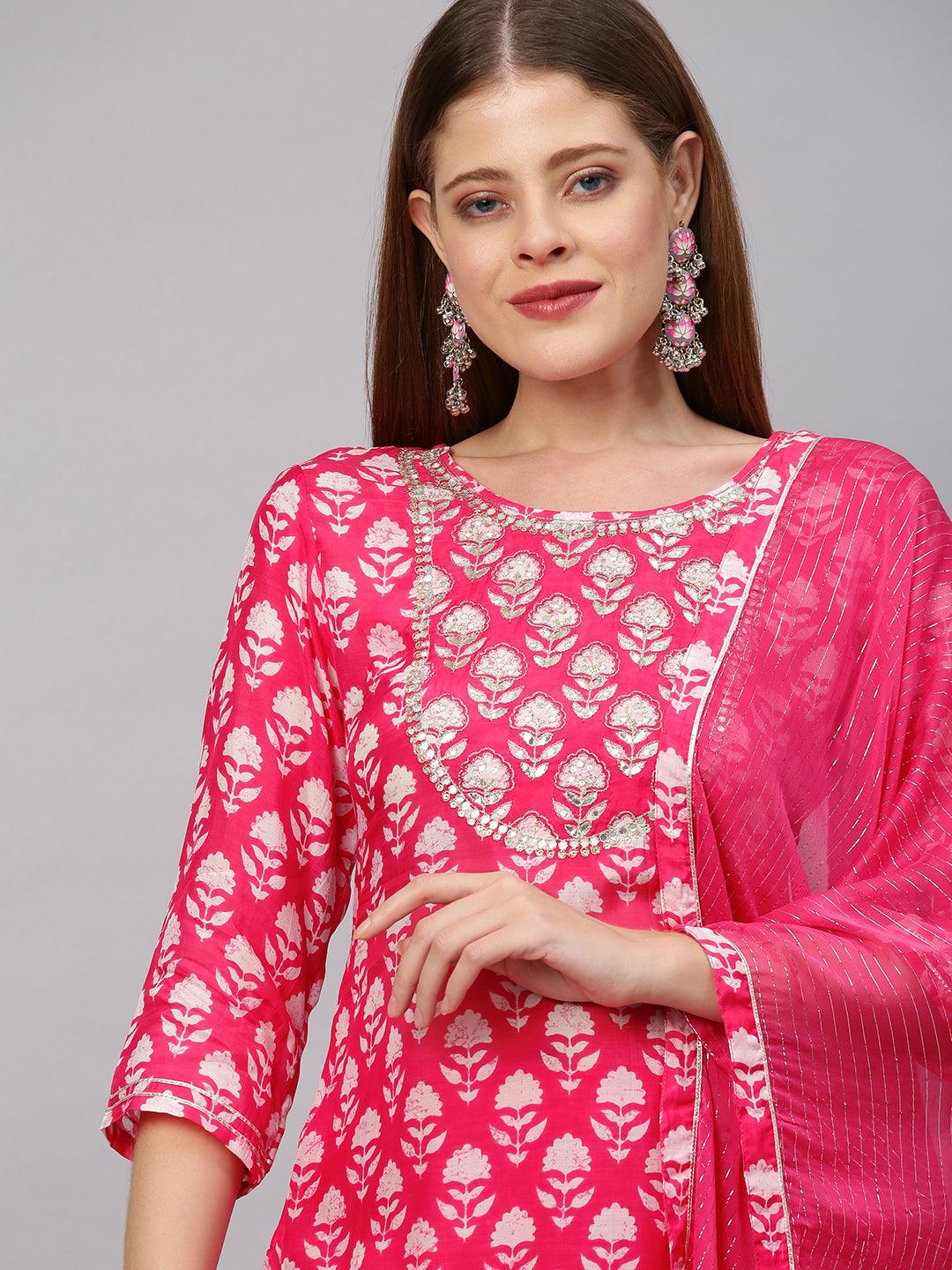 Floral & Embroidered Kurta with Sharara with Dupatta - Hot Pink - Indiakreations