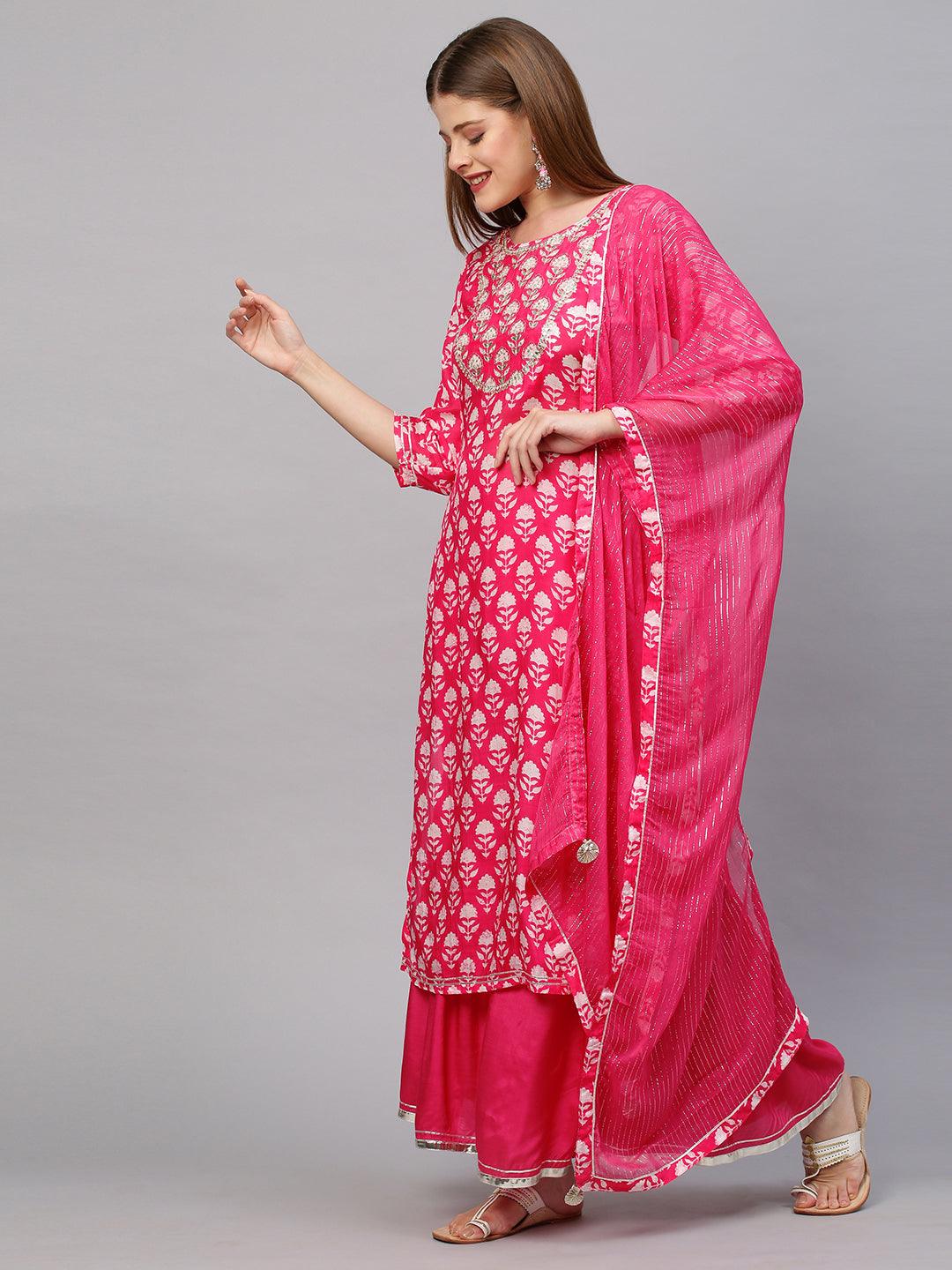 Floral & Embroidered Kurta with Sharara with Dupatta - Hot Pink - Indiakreations