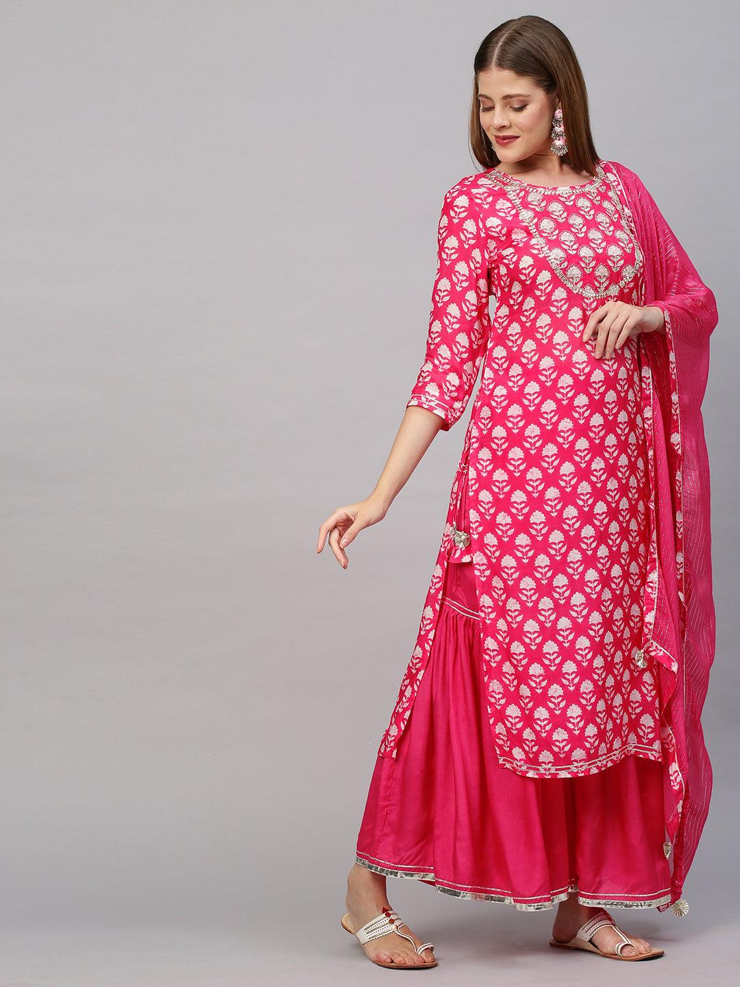 Floral & Embroidered Kurta with Sharara with Dupatta - Hot Pink - Indiakreations