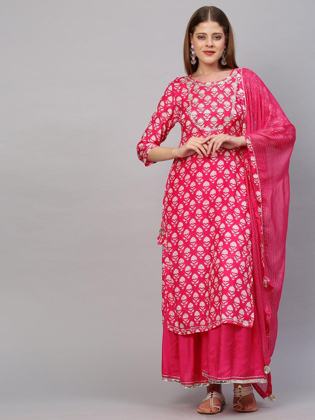 Floral & Embroidered Kurta with Sharara with Dupatta - Hot Pink - Indiakreations