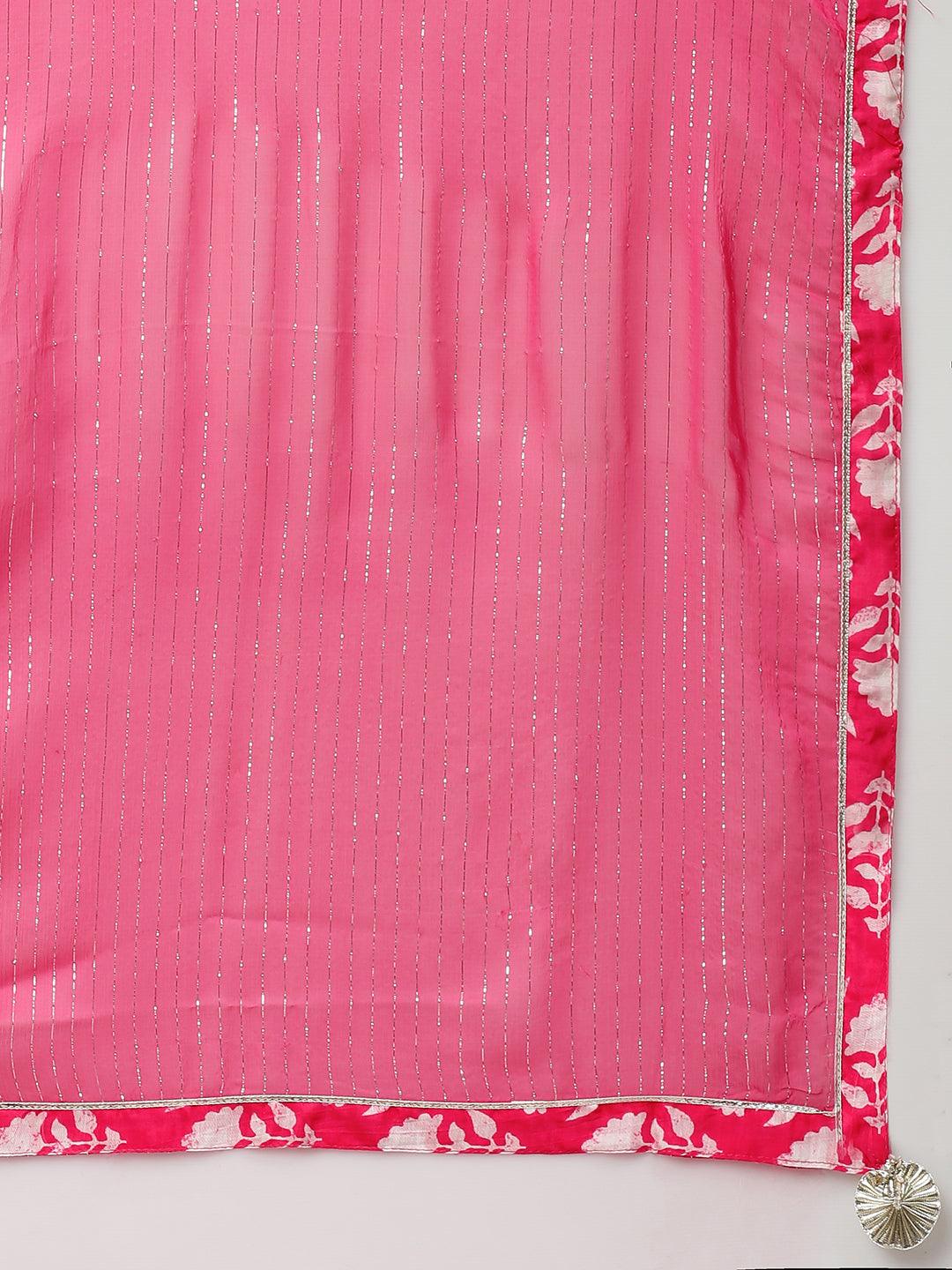 Floral & Embroidered Kurta with Sharara with Dupatta - Hot Pink - Indiakreations