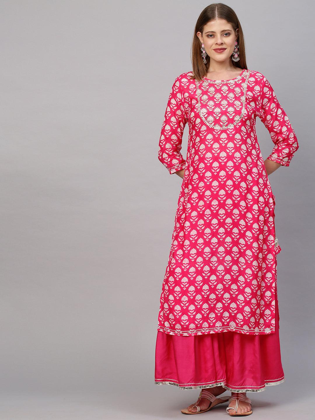 Floral & Embroidered Kurta with Sharara with Dupatta - Hot Pink - Indiakreations