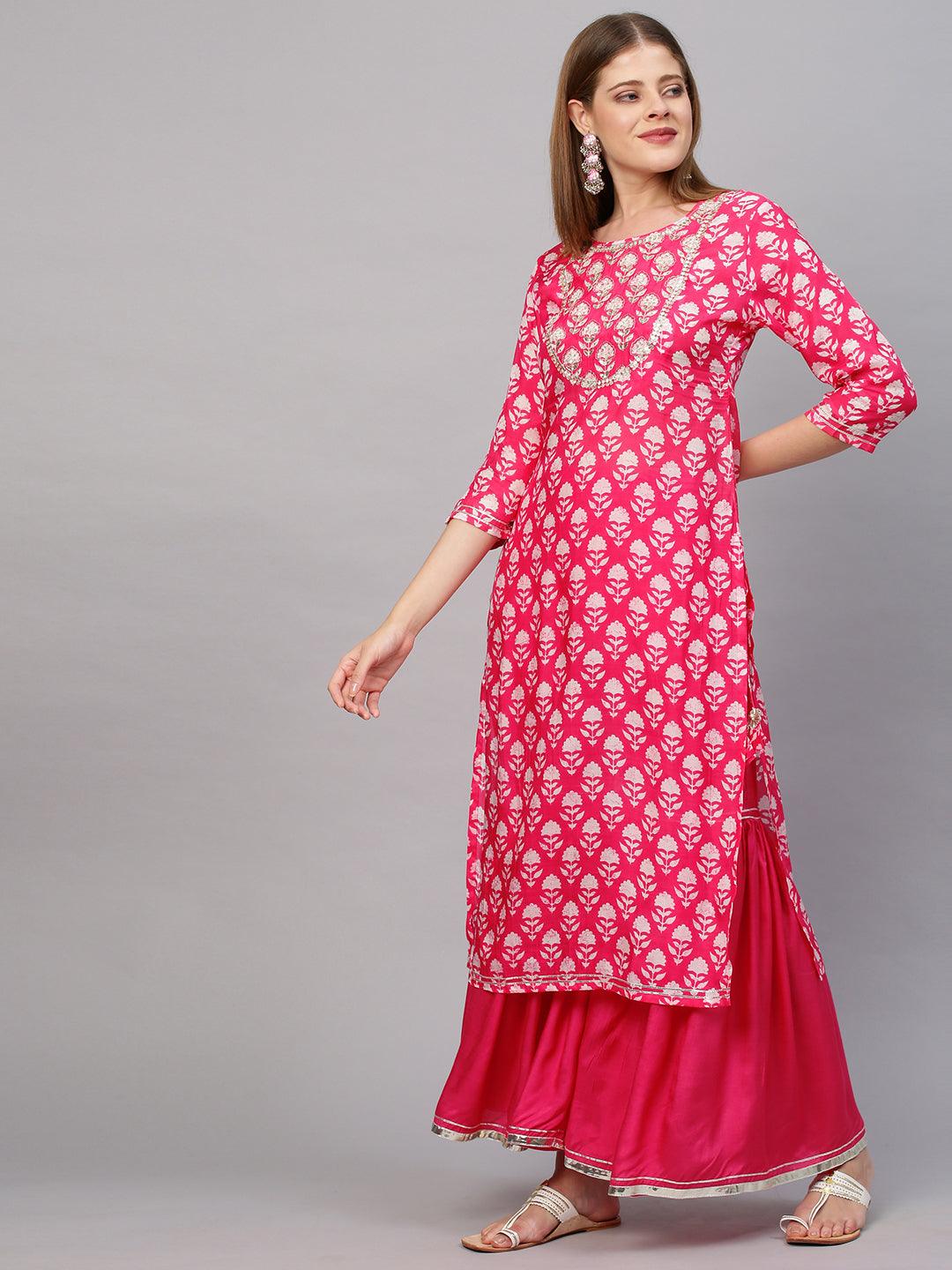 Floral & Embroidered Kurta with Sharara with Dupatta - Hot Pink - Indiakreations