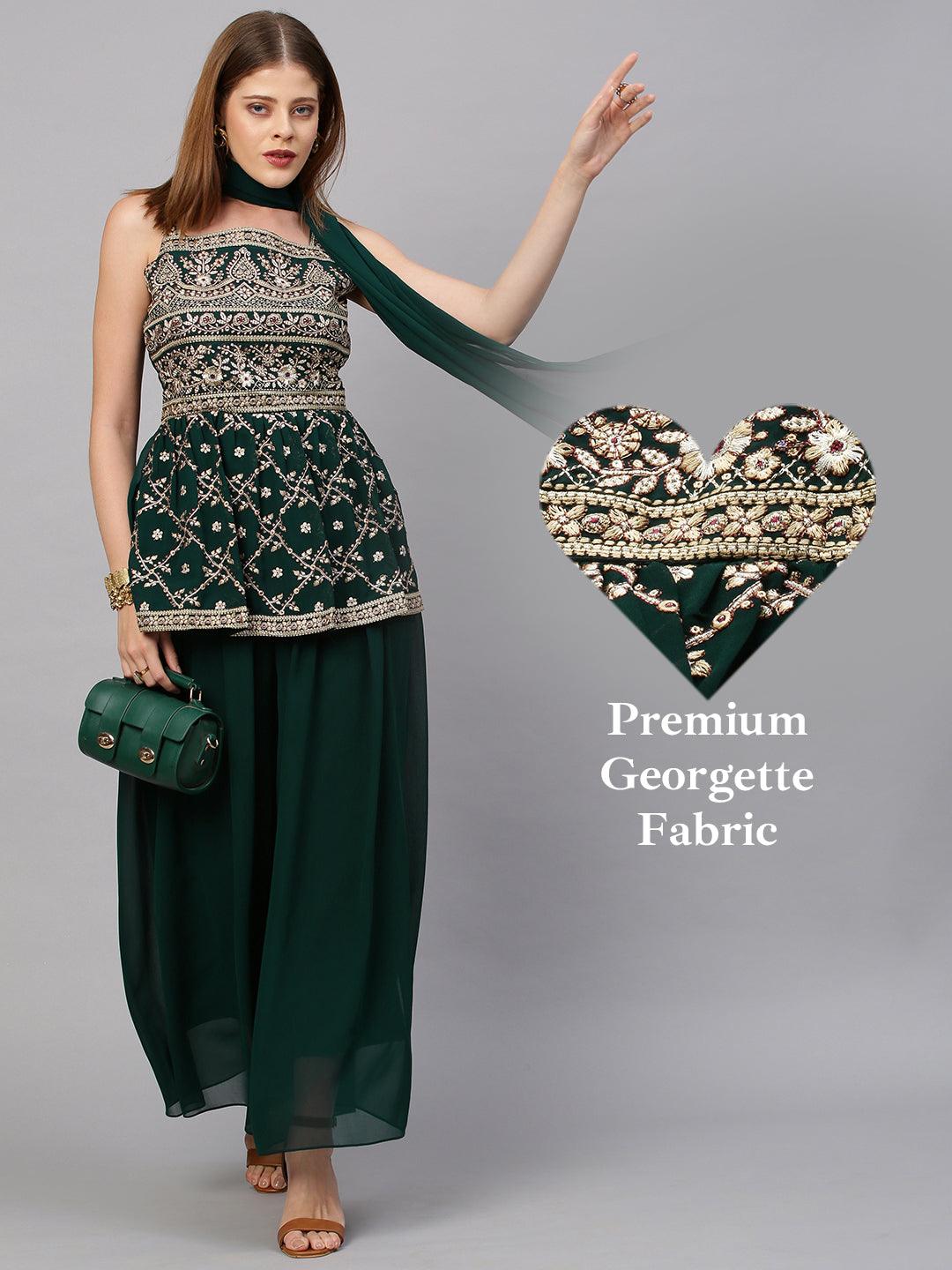 Ethnic Embroidered Peplum with Palazzo and Dupatta - Emerald Green - Indiakreations