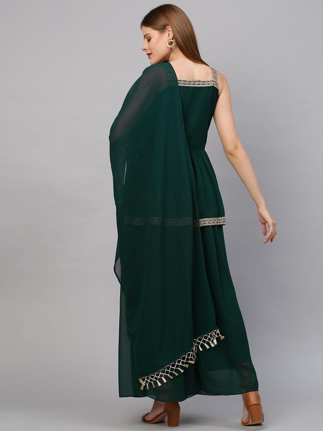 Ethnic Embroidered Peplum with Palazzo and Dupatta - Emerald Green - Indiakreations