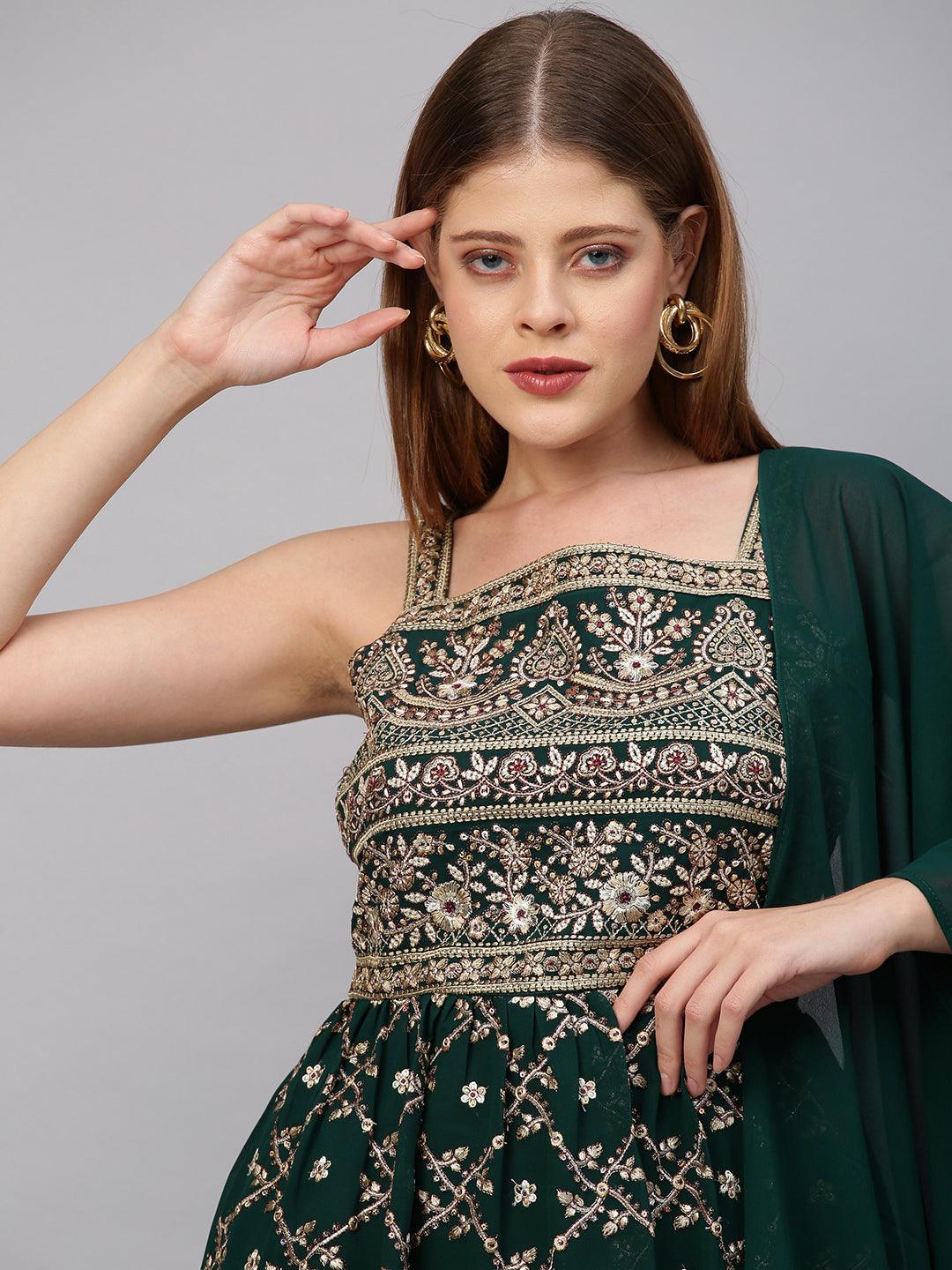 Ethnic Embroidered Peplum with Palazzo and Dupatta - Emerald Green - Indiakreations