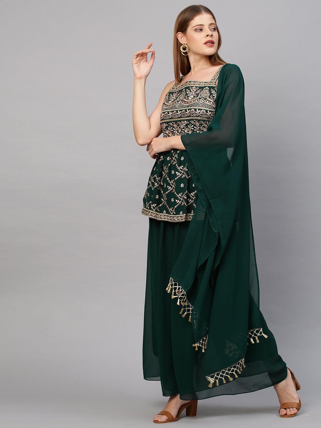 Ethnic Embroidered Peplum with Palazzo and Dupatta - Emerald Green - Indiakreations