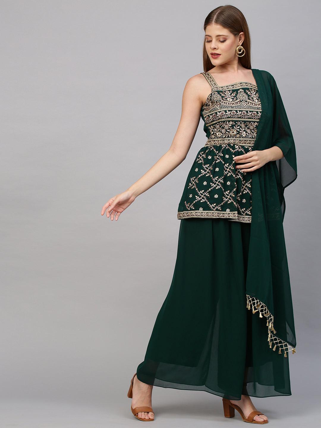 Ethnic Embroidered Peplum with Palazzo and Dupatta - Emerald Green - Indiakreations