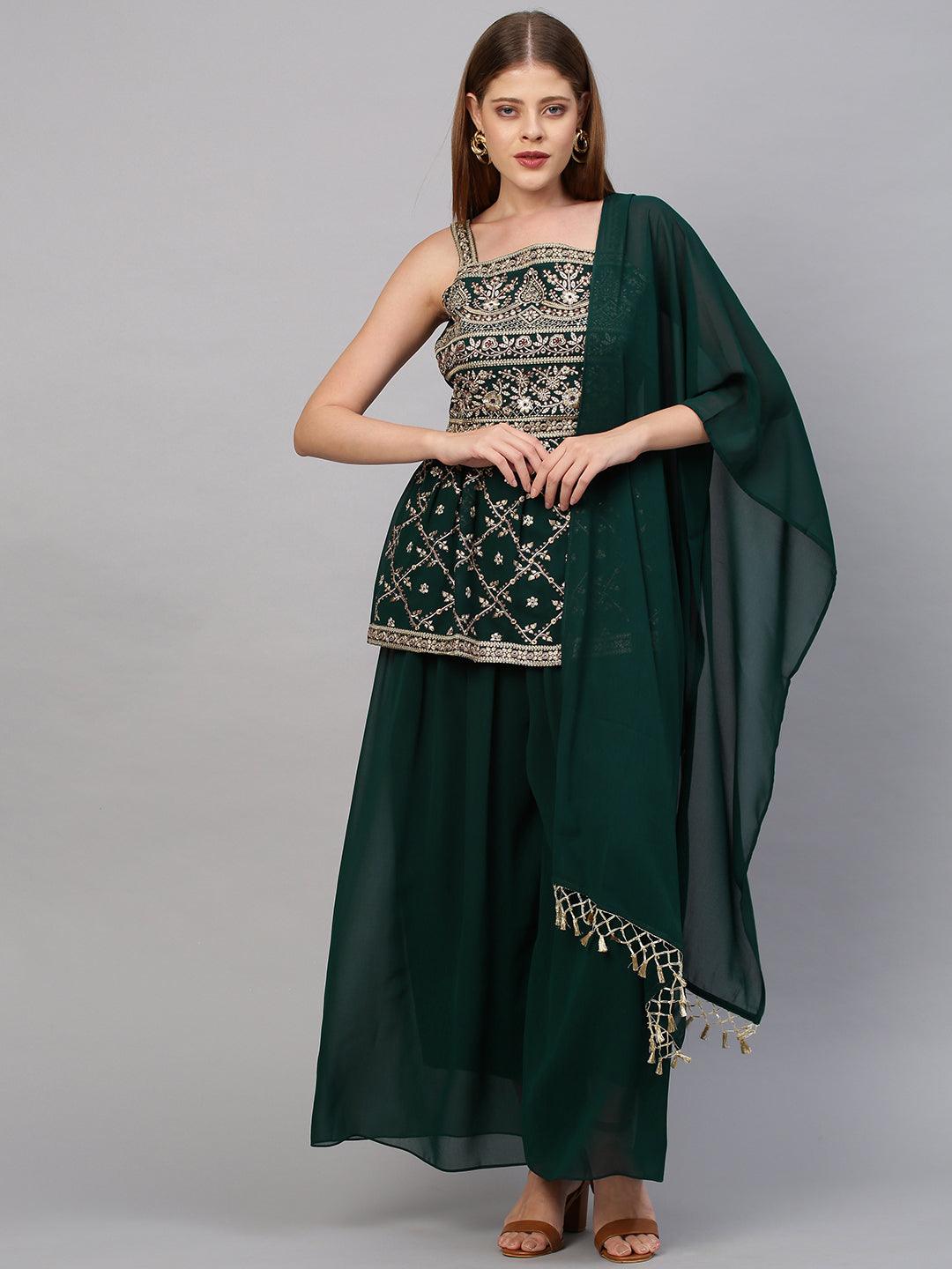 Ethnic Embroidered Peplum with Palazzo and Dupatta - Emerald Green - Indiakreations