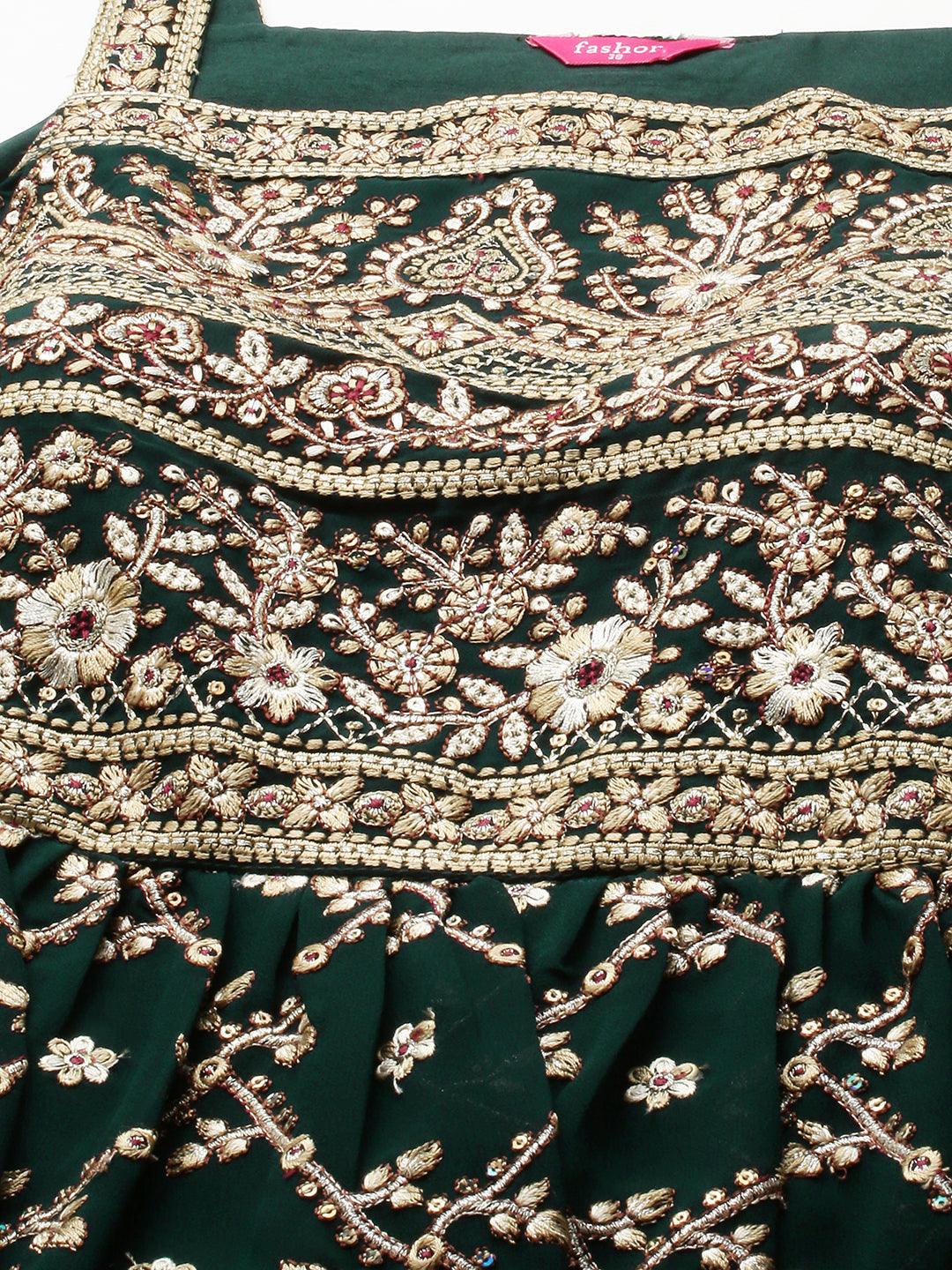 Ethnic Embroidered Peplum with Palazzo and Dupatta - Emerald Green - Indiakreations