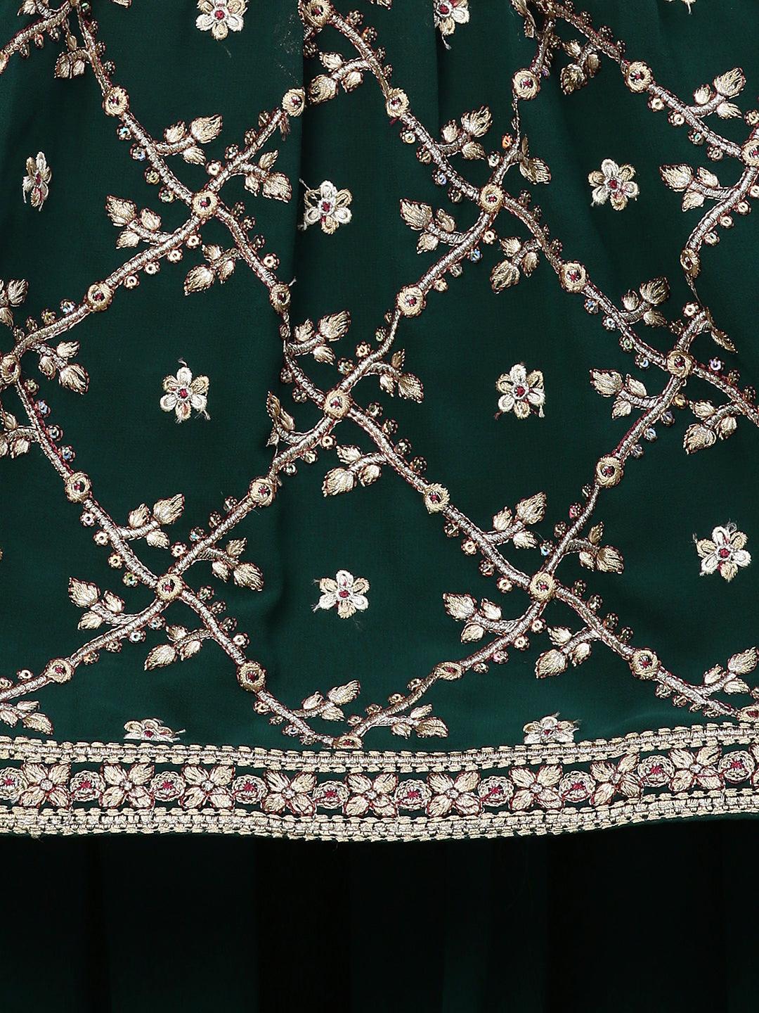 Ethnic Embroidered Peplum with Palazzo and Dupatta - Emerald Green - Indiakreations