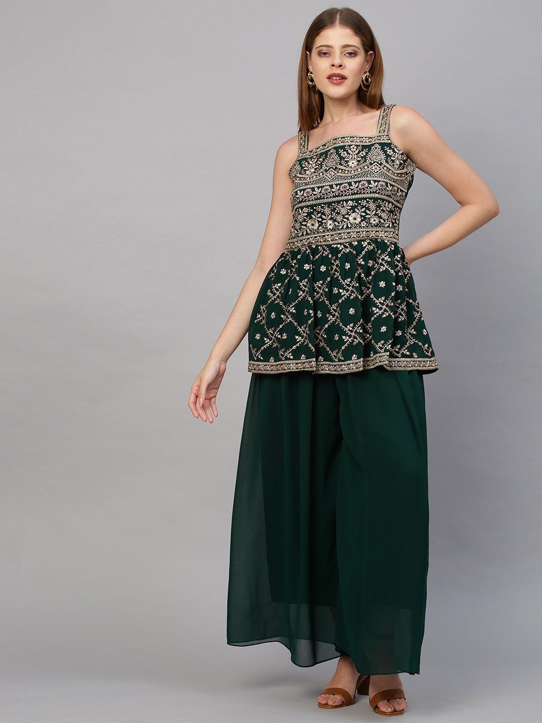 Ethnic Embroidered Peplum with Palazzo and Dupatta - Emerald Green - Indiakreations