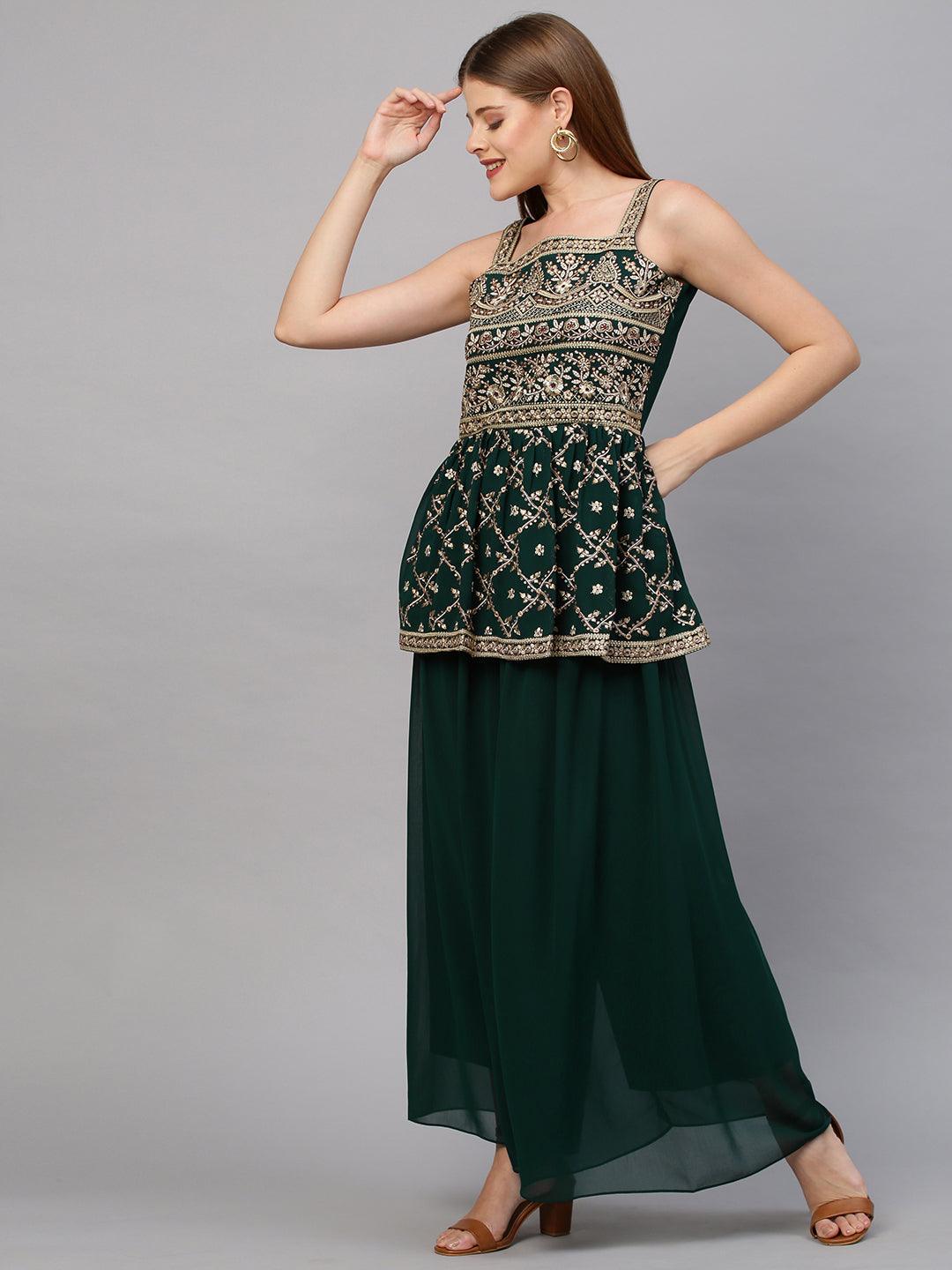 Ethnic Embroidered Peplum with Palazzo and Dupatta - Emerald Green - Indiakreations