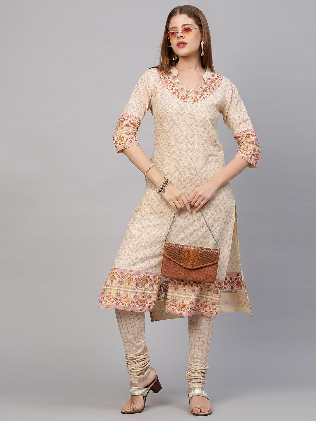 Ethnic Printed Kurta with Churidar Pant - Beige - Indiakreations