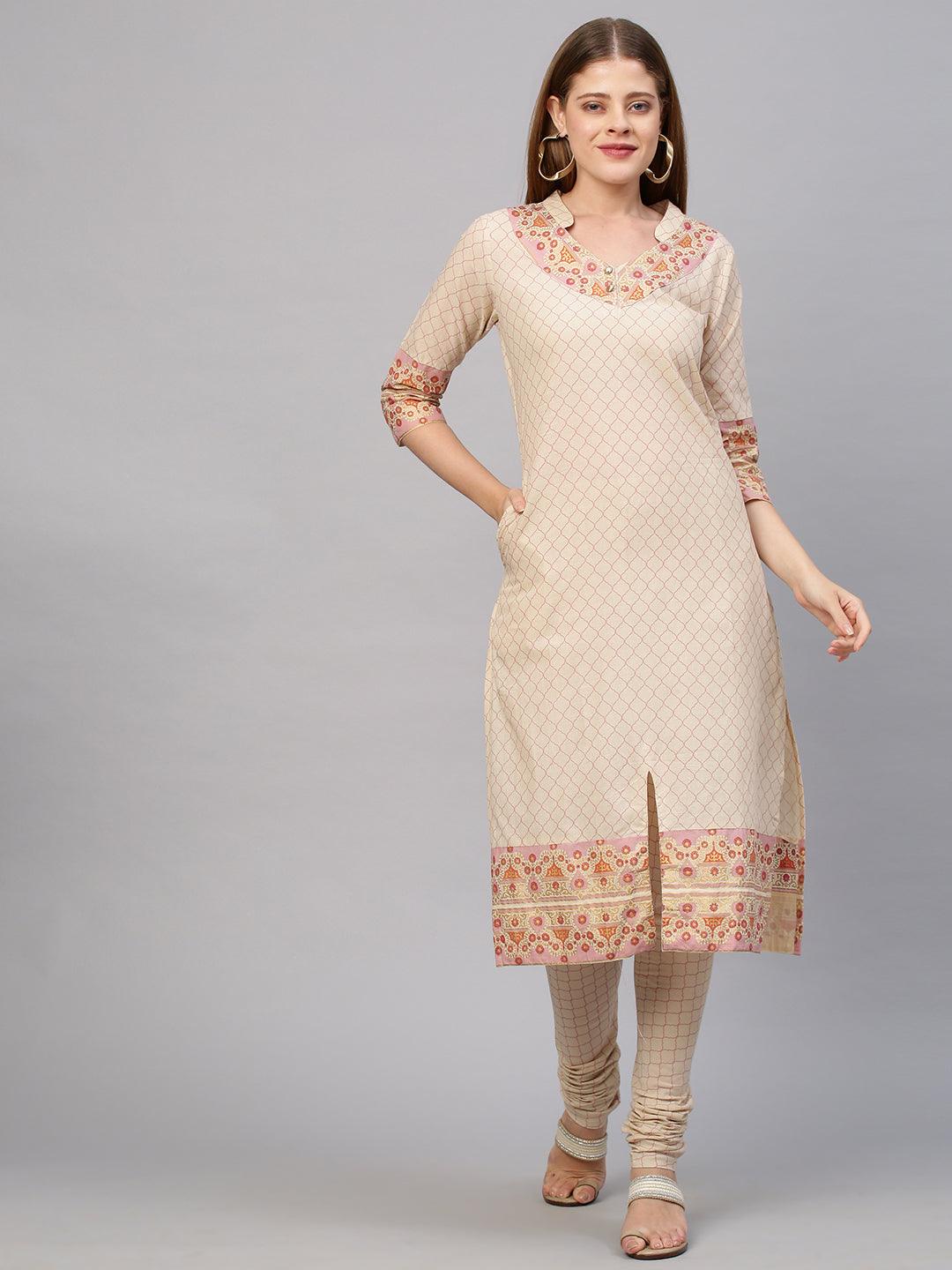 Ethnic Printed Kurta with Churidar Pant - Beige - Indiakreations