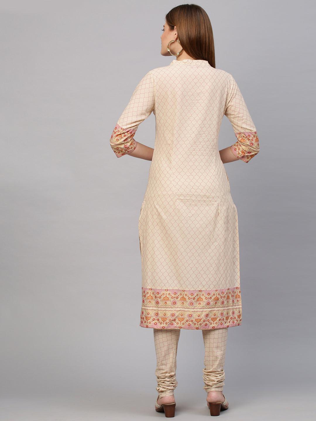 Ethnic Printed Kurta with Churidar Pant - Beige - Indiakreations