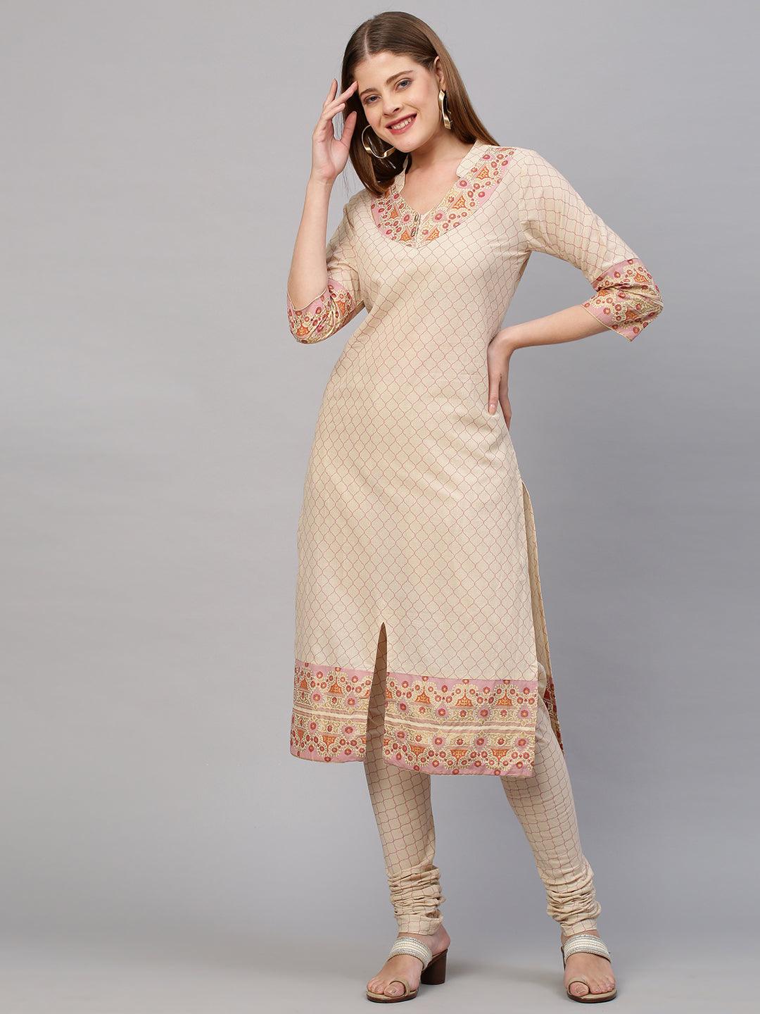 Ethnic Printed Kurta with Churidar Pant - Beige - Indiakreations