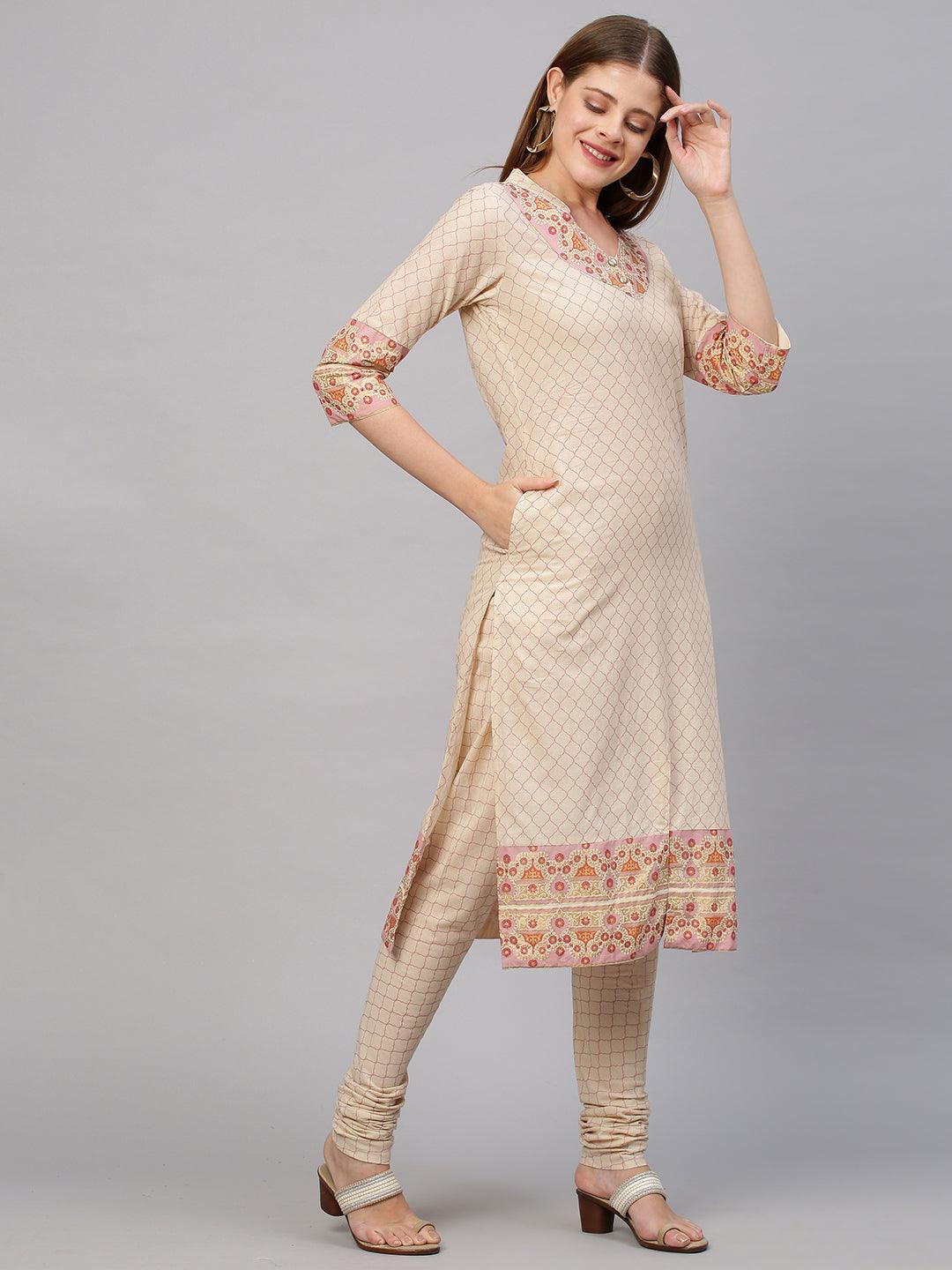 Ethnic Printed Kurta with Churidar Pant - Beige - Indiakreations