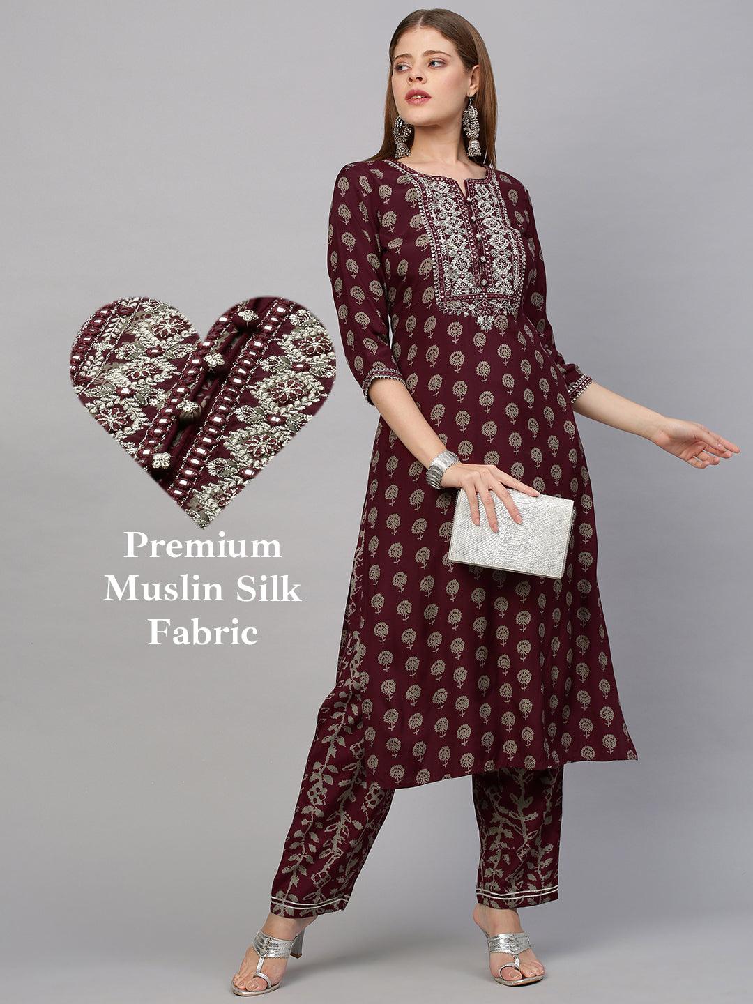 Floral Printed & Embroidered Kurta with Pant - Wine - Indiakreations