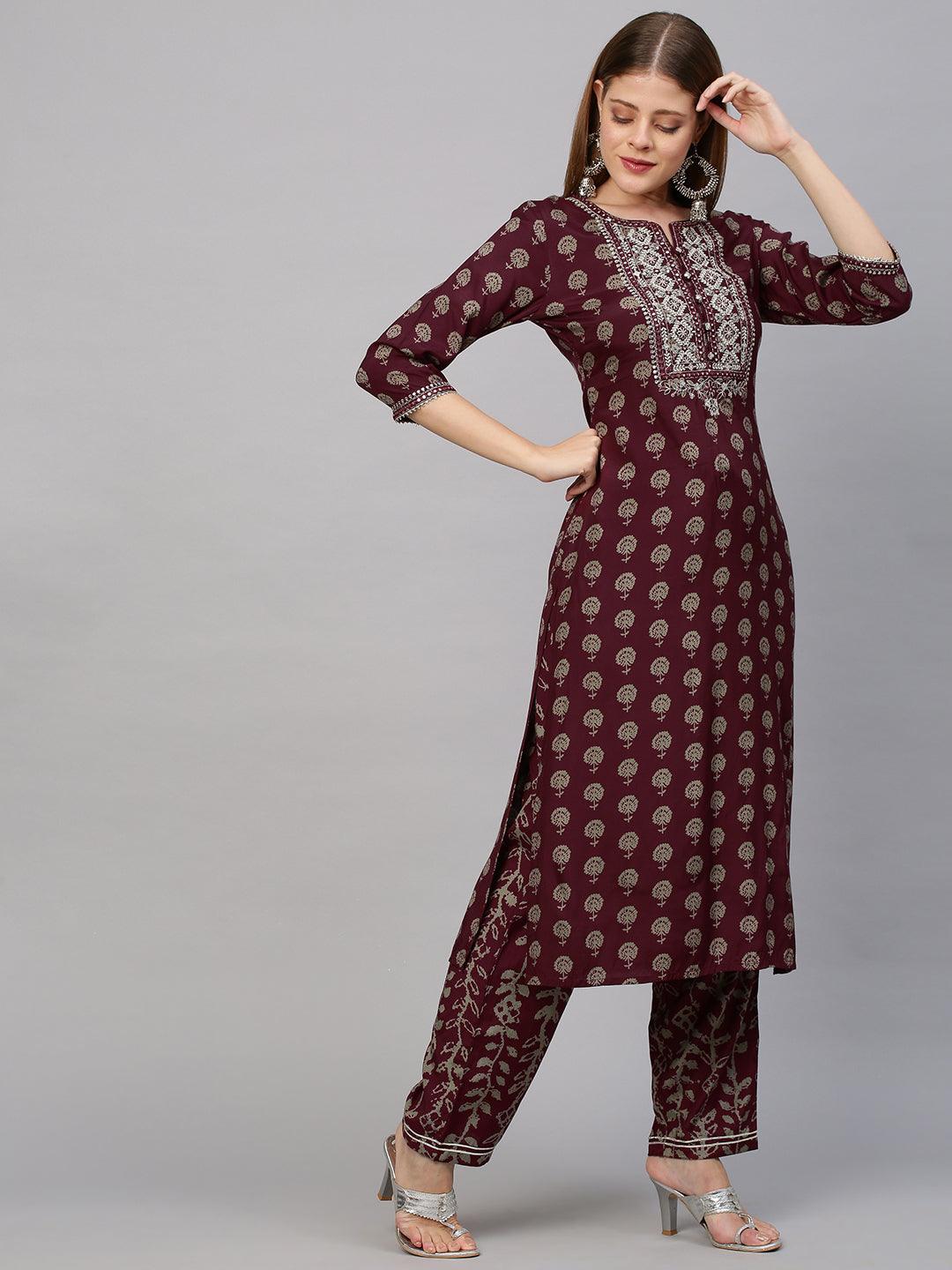 Floral Printed & Embroidered Kurta with Pant - Wine - Indiakreations