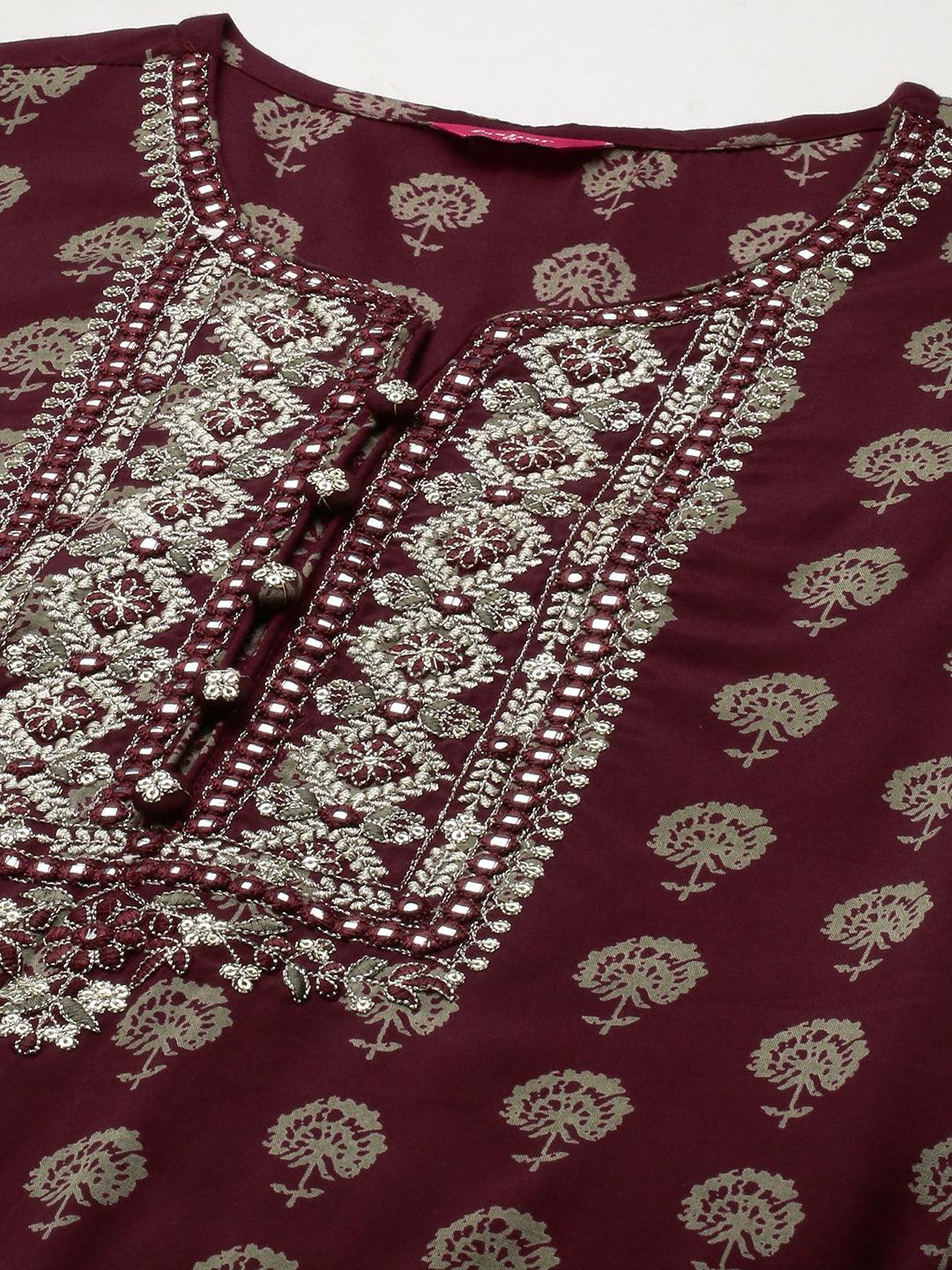 Floral Printed & Embroidered Kurta with Pant - Wine - Indiakreations