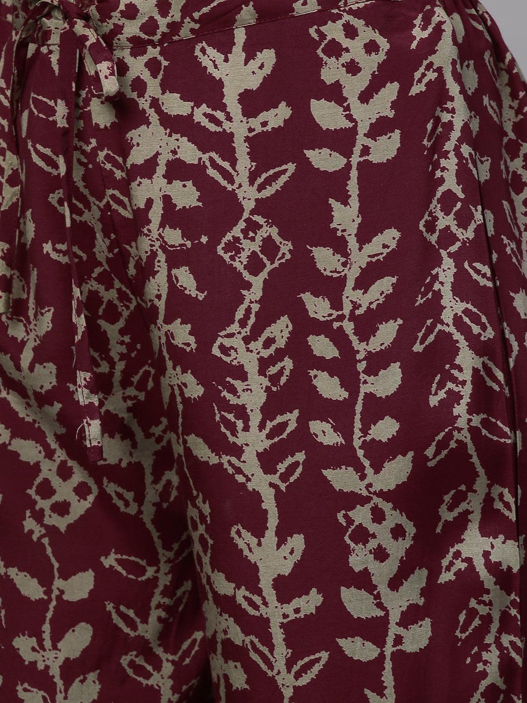 Floral Printed & Embroidered Kurta with Pant - Wine - Indiakreations