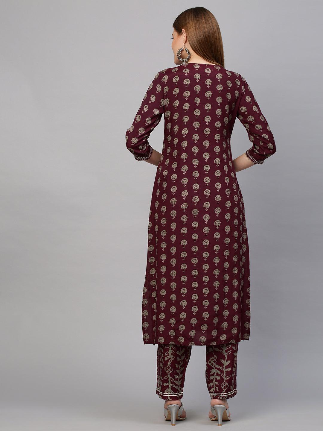 Floral Printed & Embroidered Kurta with Pant - Wine - Indiakreations