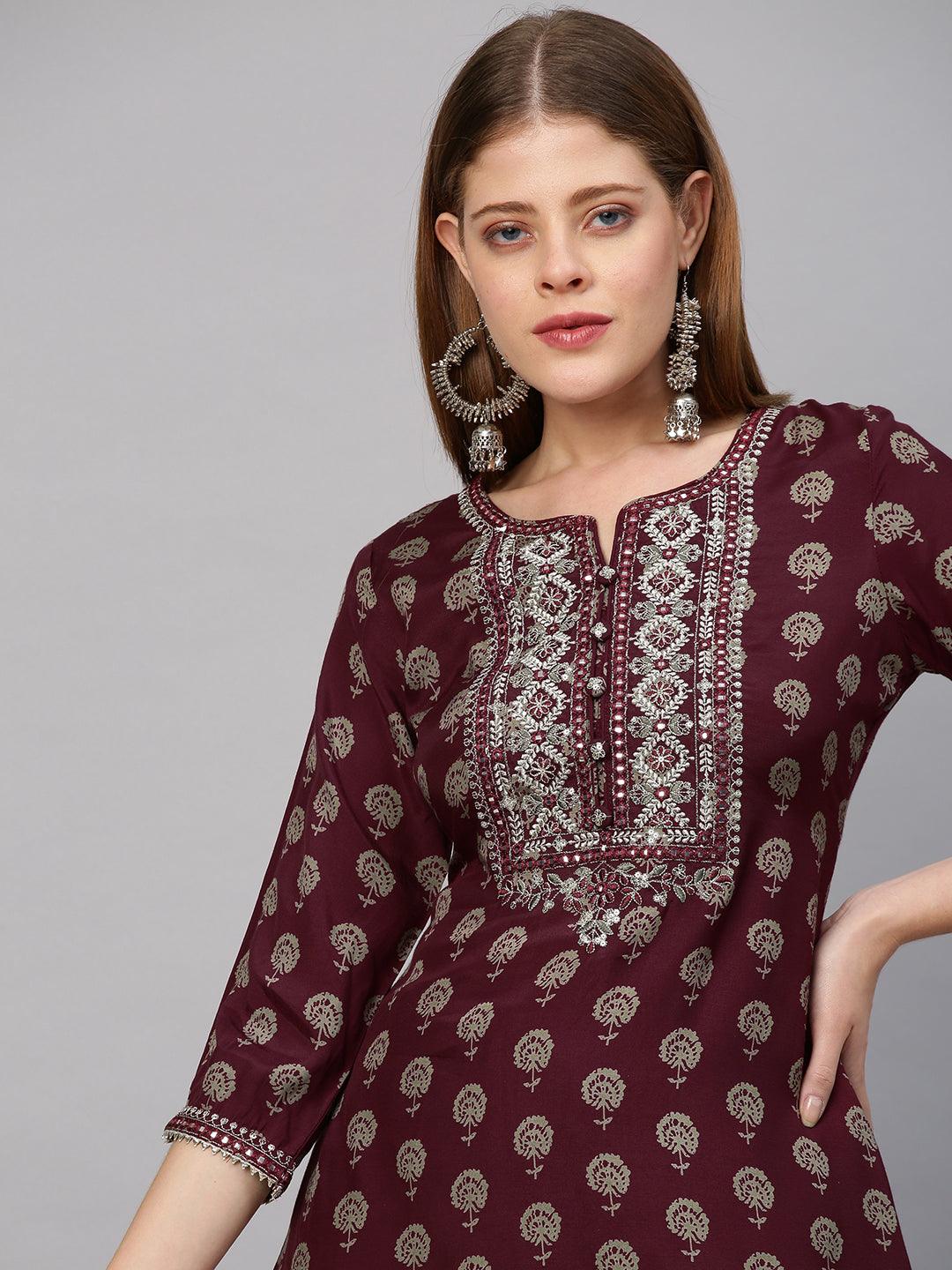 Floral Printed & Embroidered Kurta with Pant - Wine - Indiakreations