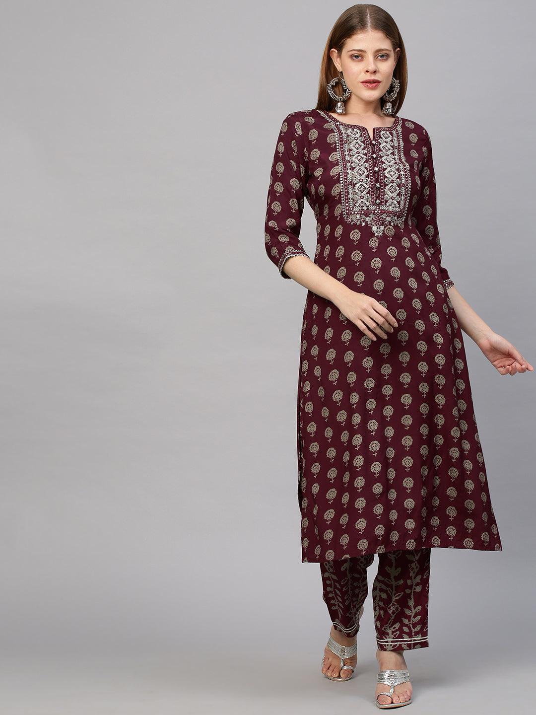 Floral Printed & Embroidered Kurta with Pant - Wine - Indiakreations