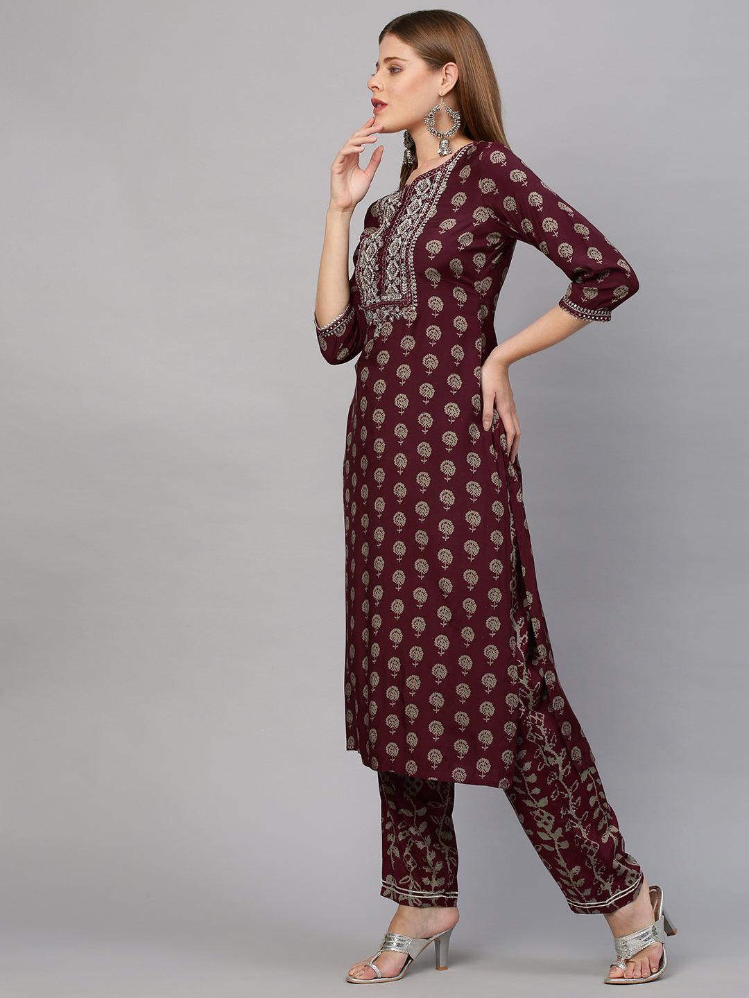 Floral Printed & Embroidered Kurta with Pant - Wine - Indiakreations