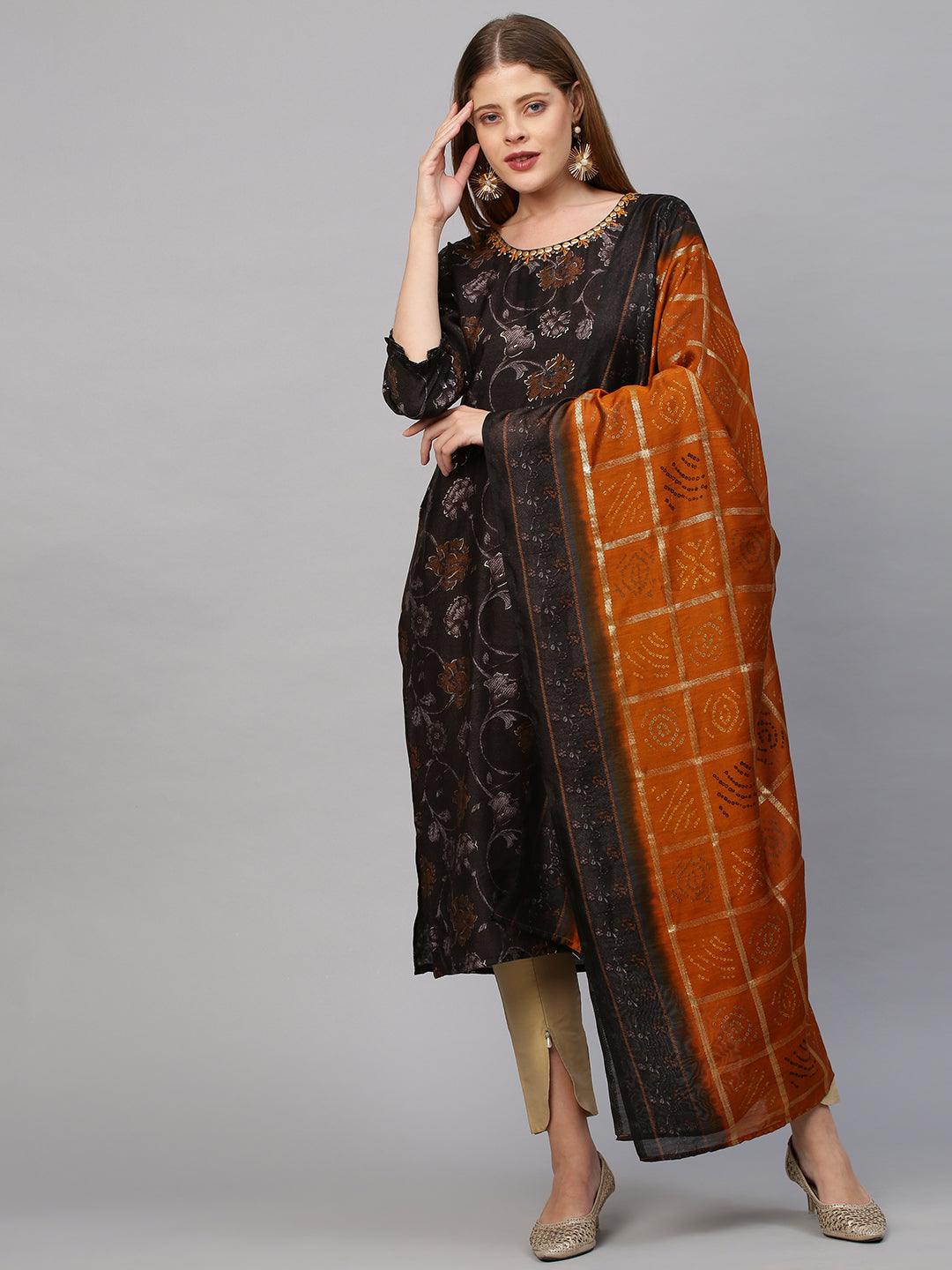 Floral Printed Kurta with Bandhej Dupatta - Greyish Brown - Indiakreations