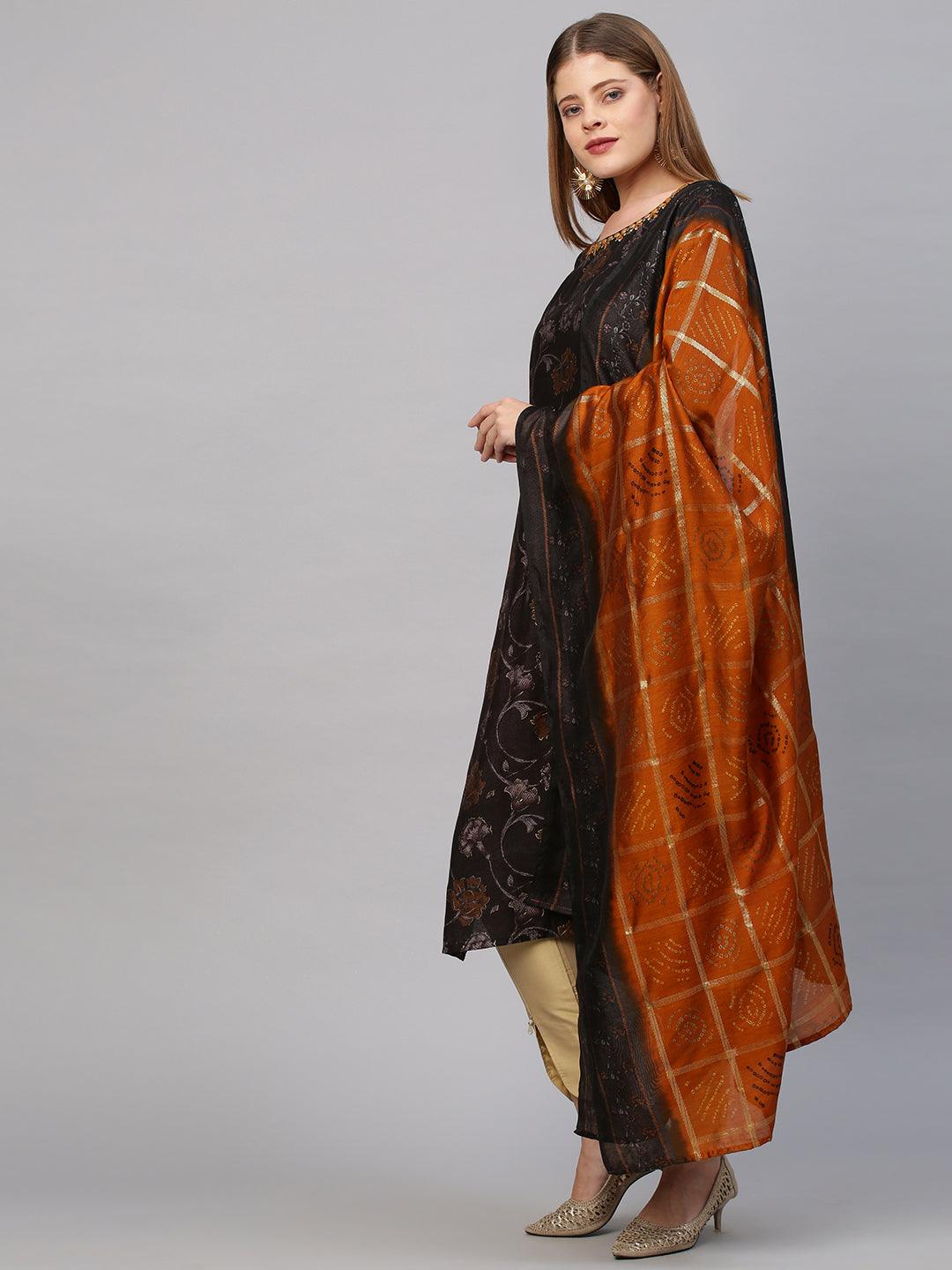 Floral Printed Kurta with Bandhej Dupatta - Greyish Brown - Indiakreations