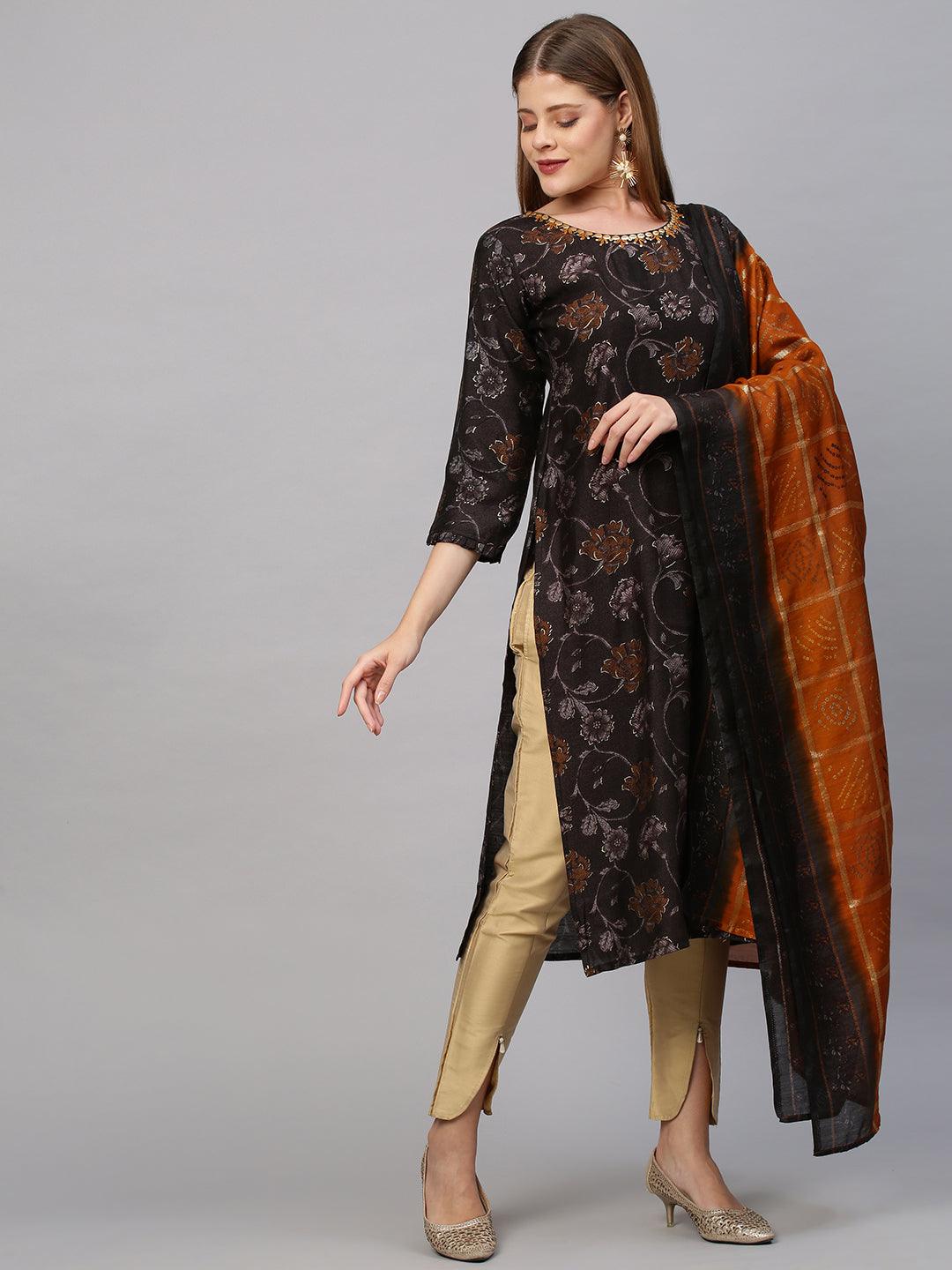 Floral Printed Kurta with Bandhej Dupatta - Greyish Brown - Indiakreations