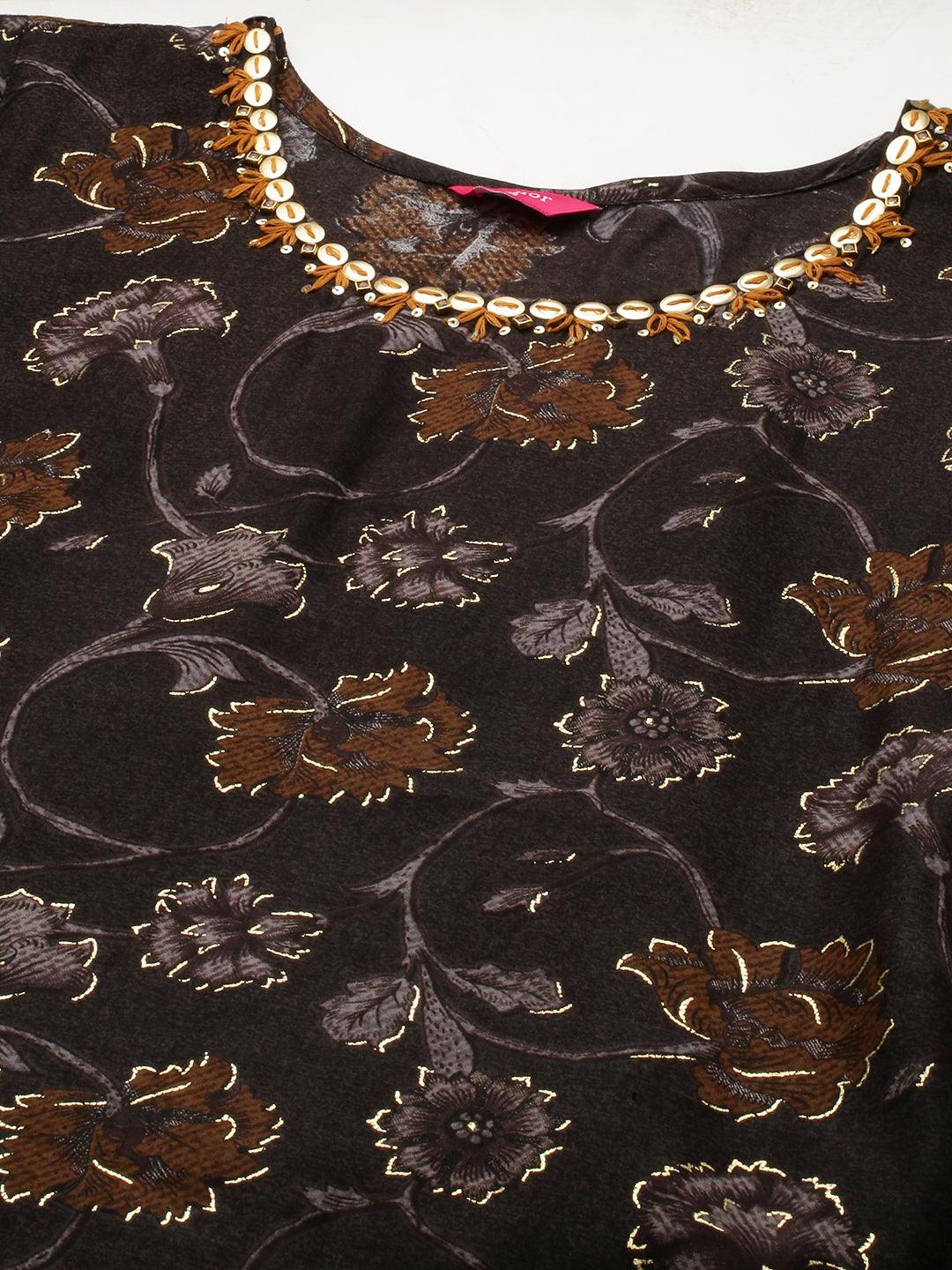 Floral Printed Kurta with Bandhej Dupatta - Greyish Brown - Indiakreations