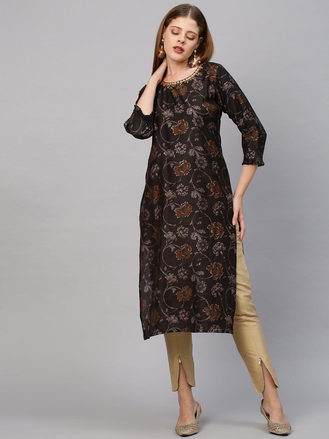 Floral Printed Kurta with Bandhej Dupatta - Greyish Brown - Indiakreations