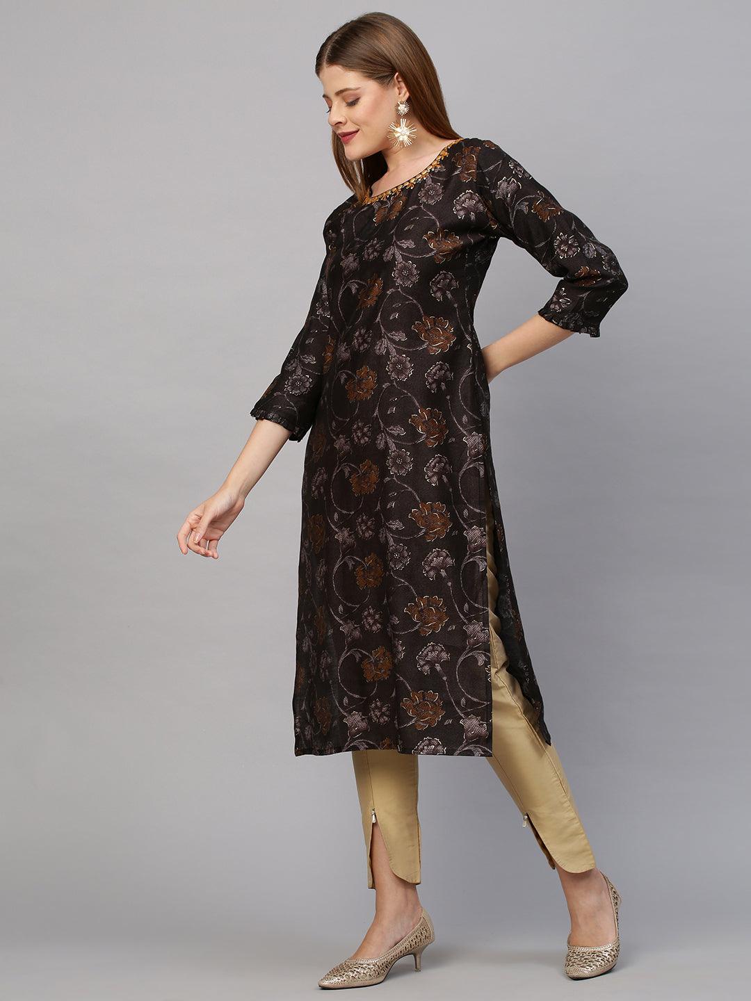 Floral Printed Kurta with Bandhej Dupatta - Greyish Brown - Indiakreations