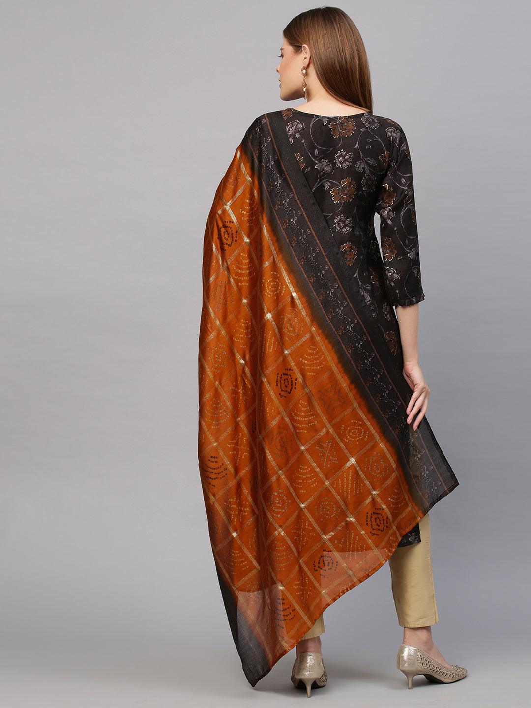 Floral Printed Kurta with Bandhej Dupatta - Greyish Brown - Indiakreations