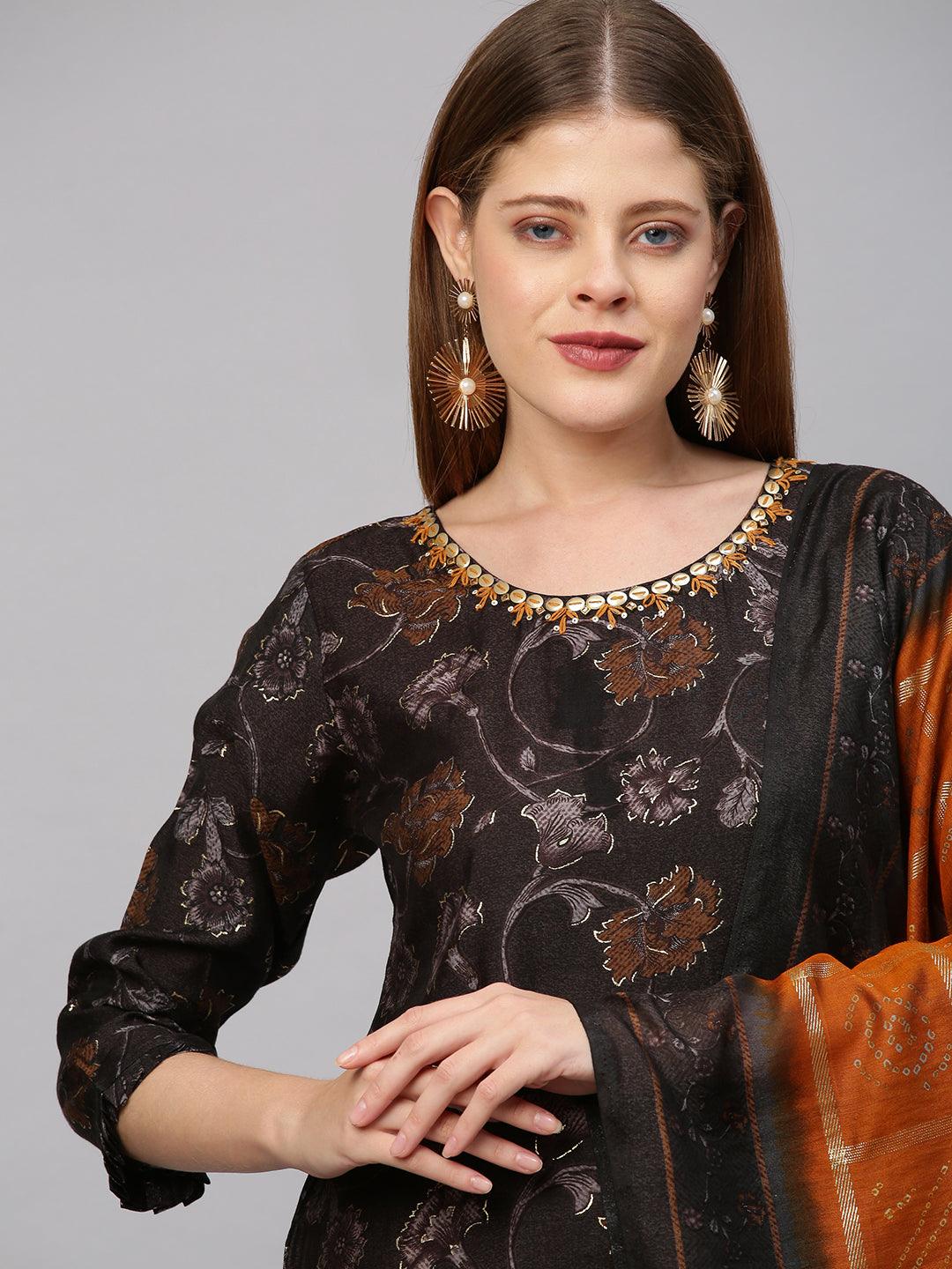 Floral Printed Kurta with Bandhej Dupatta - Greyish Brown - Indiakreations