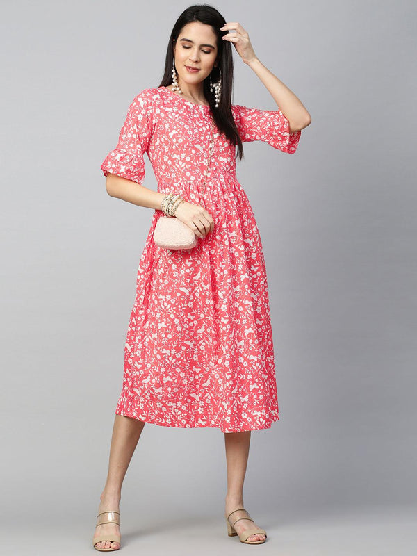 Disty Block Printed Dress with 2-Ply Mask - Dark Peach - Indiakreations