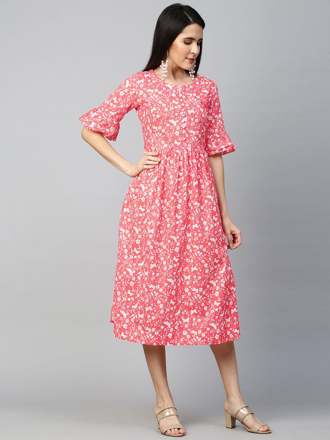 Disty Block Printed Dress with 2-Ply Mask - Dark Peach - Indiakreations