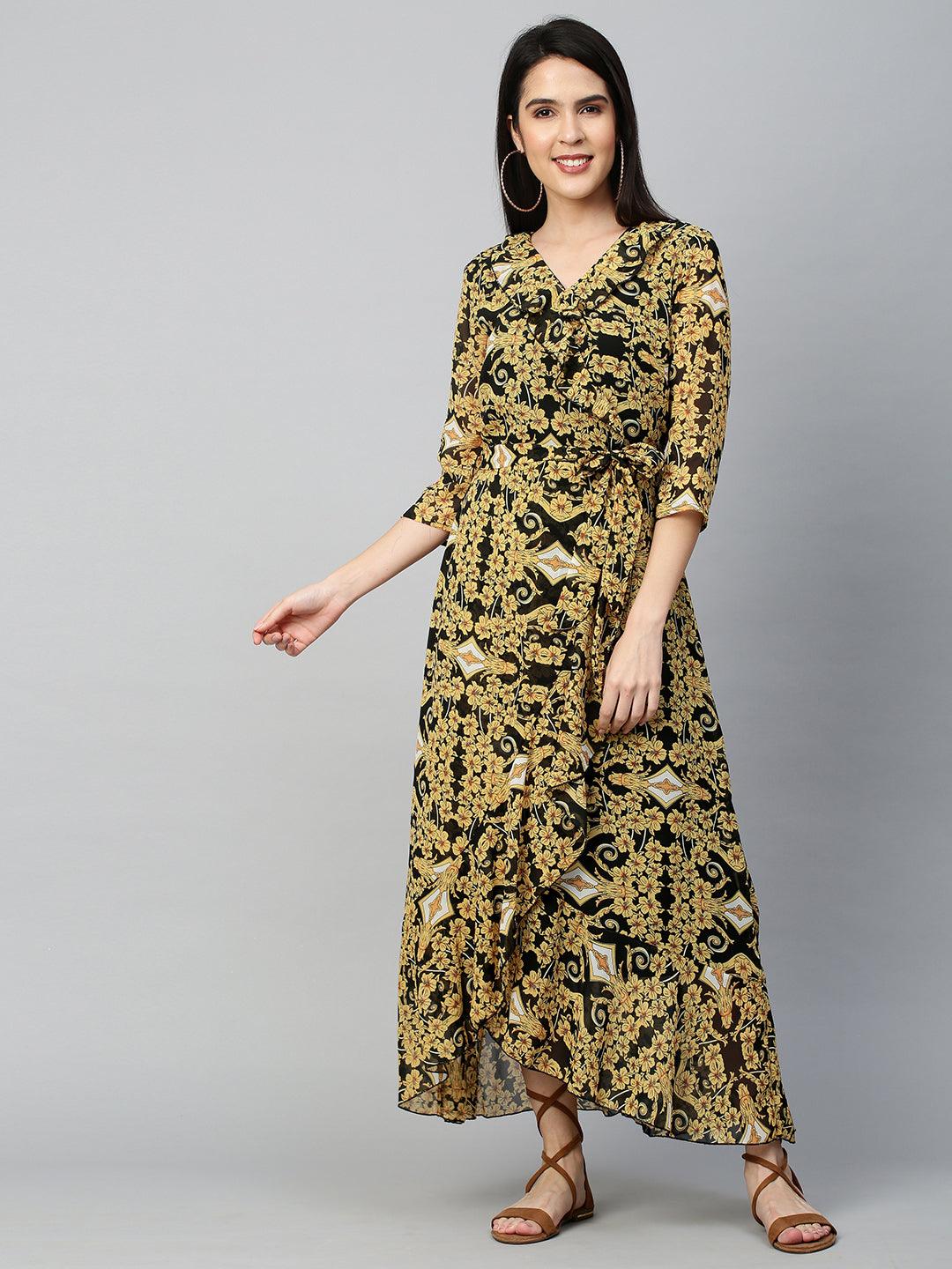 Floral Dense Printed Ruffle Flare Dress with Belt - Corn Yellow - Indiakreations