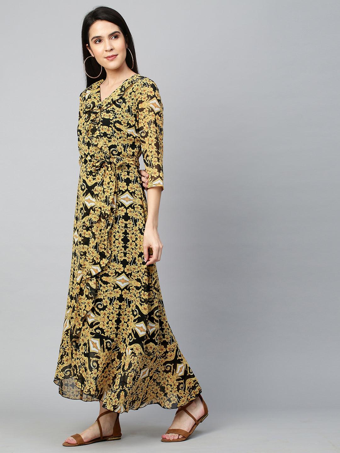 Floral Dense Printed Ruffle Flare Dress with Belt - Corn Yellow - Indiakreations