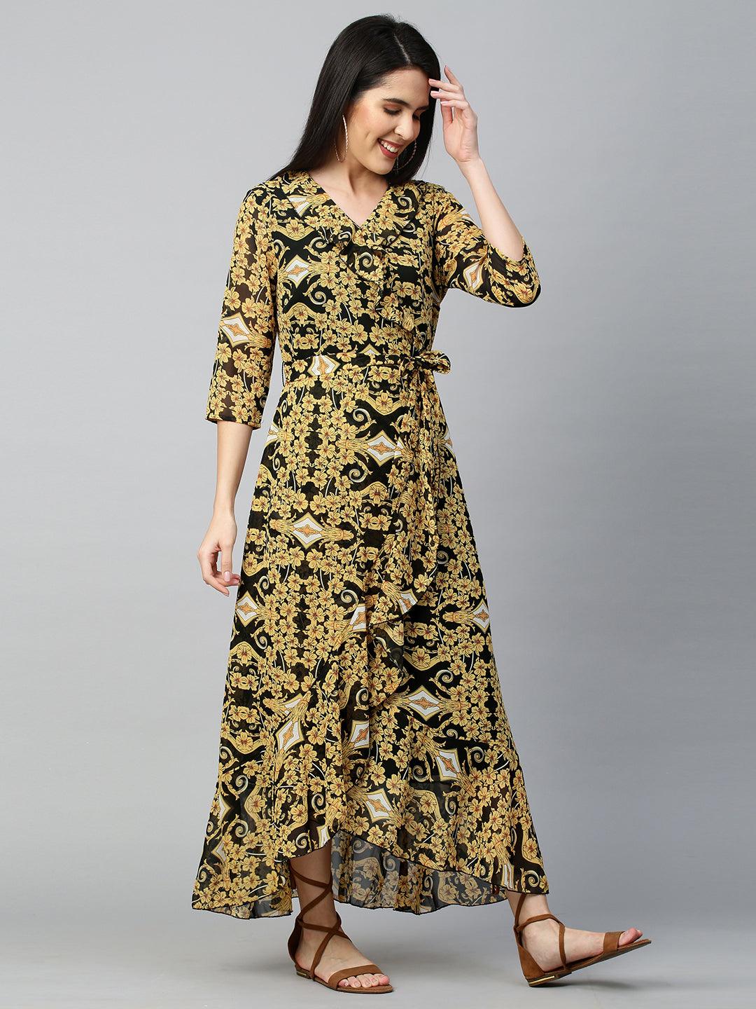 Floral Dense Printed Ruffle Flare Dress with Belt - Corn Yellow - Indiakreations