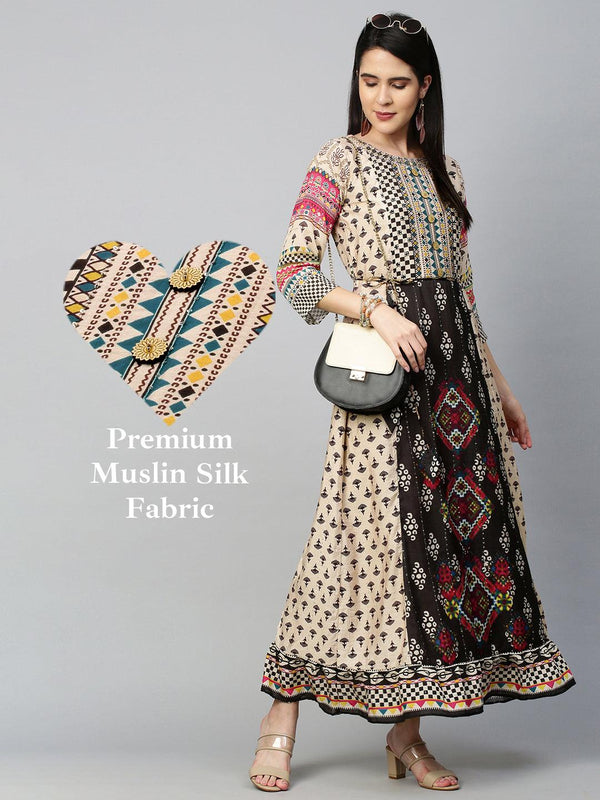 Ethnic Mix Printed Flounce Flared Dress - Beige - Indiakreations