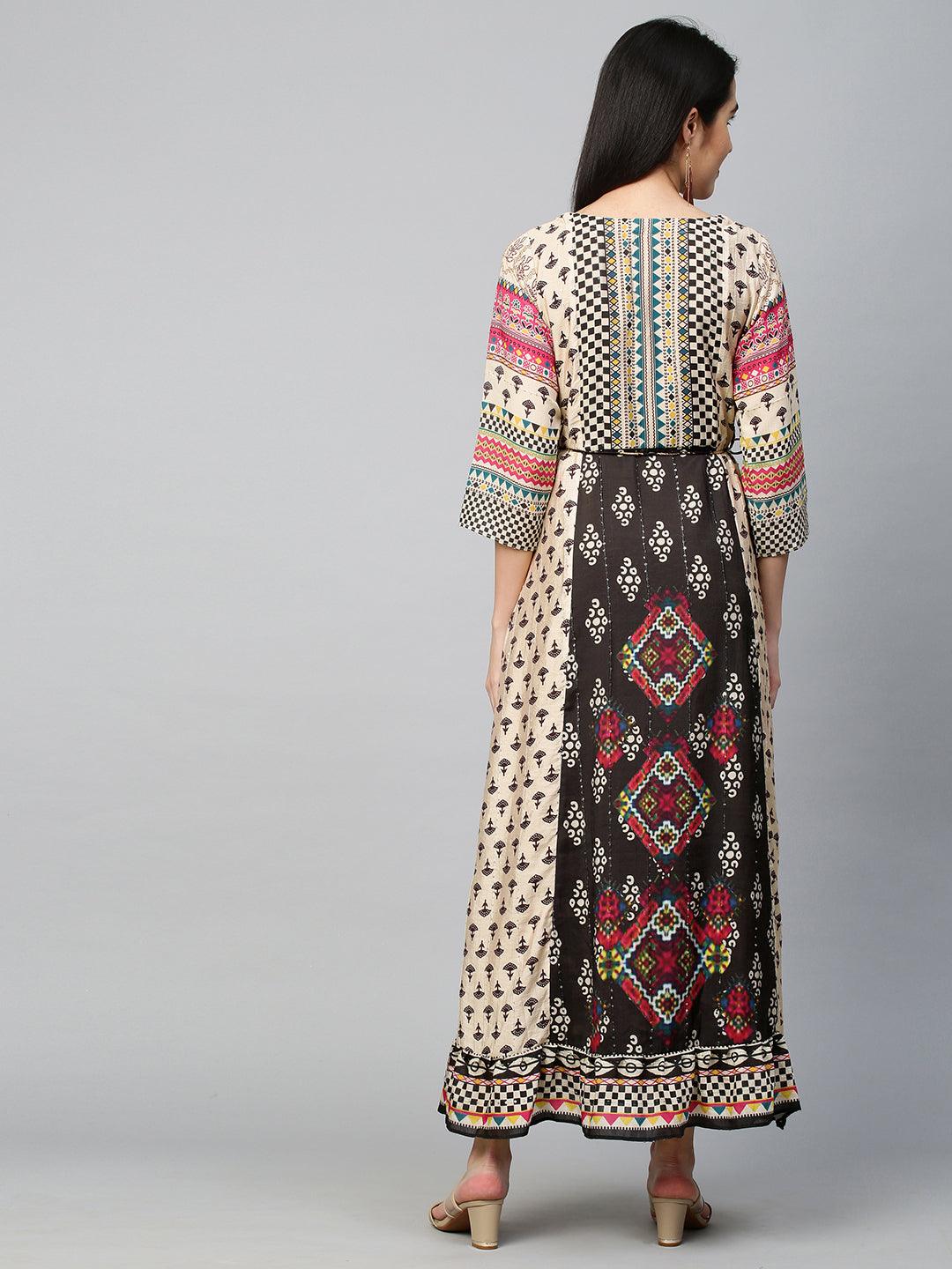 Ethnic Mix Printed Flounce Flared Dress - Beige - Indiakreations