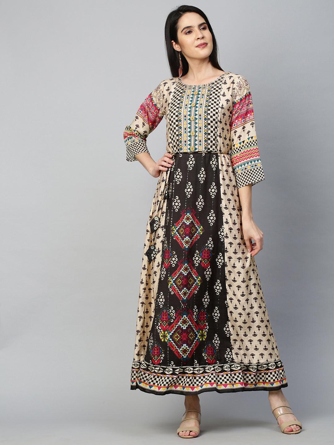 Ethnic Mix Printed Flounce Flared Dress - Beige - Indiakreations